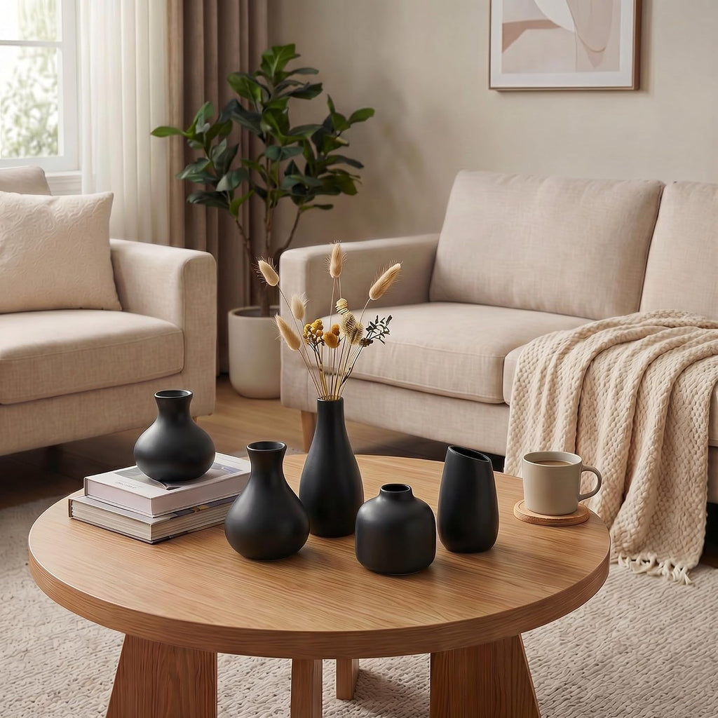 Black Ceramic Bud Vase Set of 10, Small Vases for Pampas Grass, Flowers, Mini Vases for Modern Home Decor, Minimalist Decor, for Living Room, Dining Table & Shelves