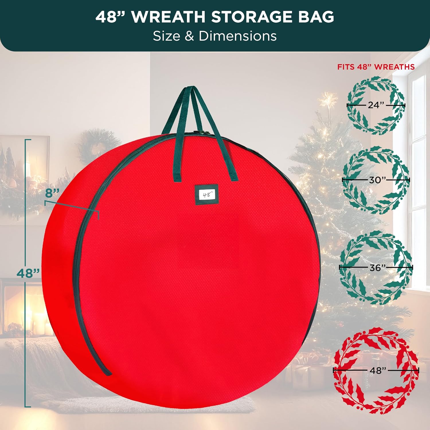 HOLDN’ STORAGE Premium Wreath Storage Bag - Durable Material - Waterproof - Heavy-duty Christmas Storage Container for Xmas Wreath with Dual Zipper Closure, Tear-proof, 48"W x 8"D - Red