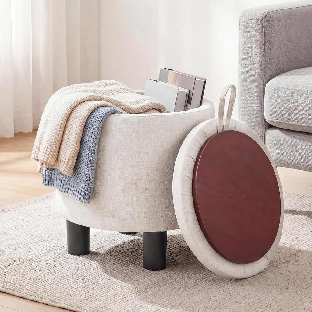 Giantex Round Storage Ottoman, Linen Fabric Upholstered Ottoman Foot Rest with Removable Lid, Small Ottoman Foot Stool for Bedroom Living Room (Beige)