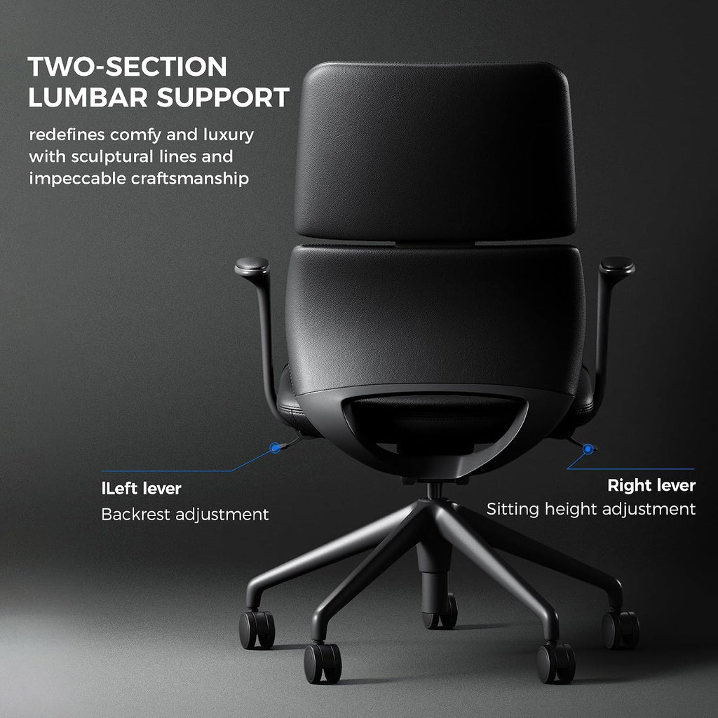 TOMU Genuine Leather Office Desk Chair with Wheels, Ergonomic Leather Executive Chair, Mid Back, Swivel Base with Adjustable Tilt, Modern Style, Luxury Aluminum Frame