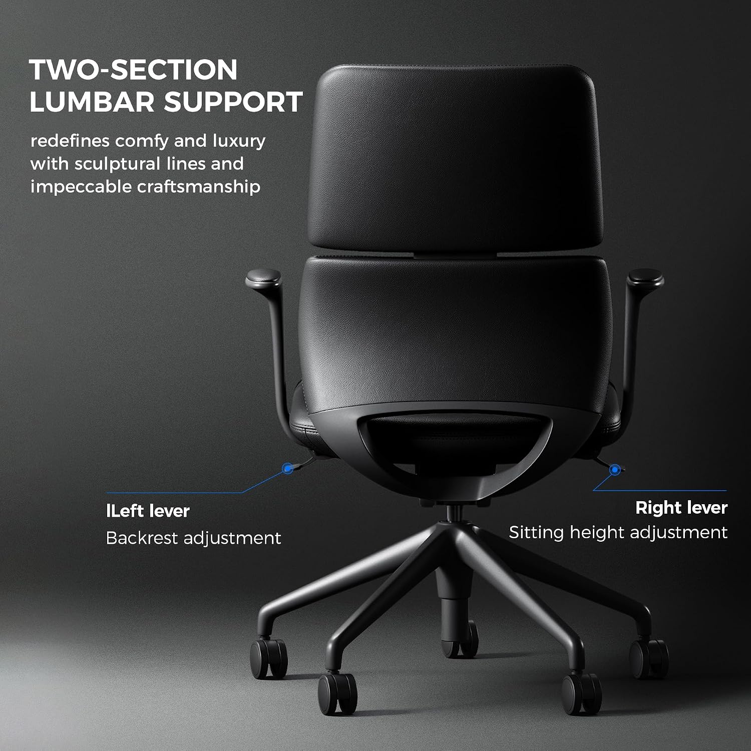 TOMU Genuine Leather Office Desk Chair with Wheels, Ergonomic Leather Executive Chair, Mid Back, Swivel Base with Adjustable Tilt, Modern Style, Luxury Aluminum Frame