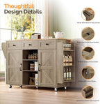 VINGLI Kitchen Island with Storage, 52" Rolling Kitchen Cart with 3 Drawers & Shelves, Drop Leaf Design, Mobile Island with Barn Doors, Towel & Spice Rack for Kitchen & Dining, Grey Brown Oak