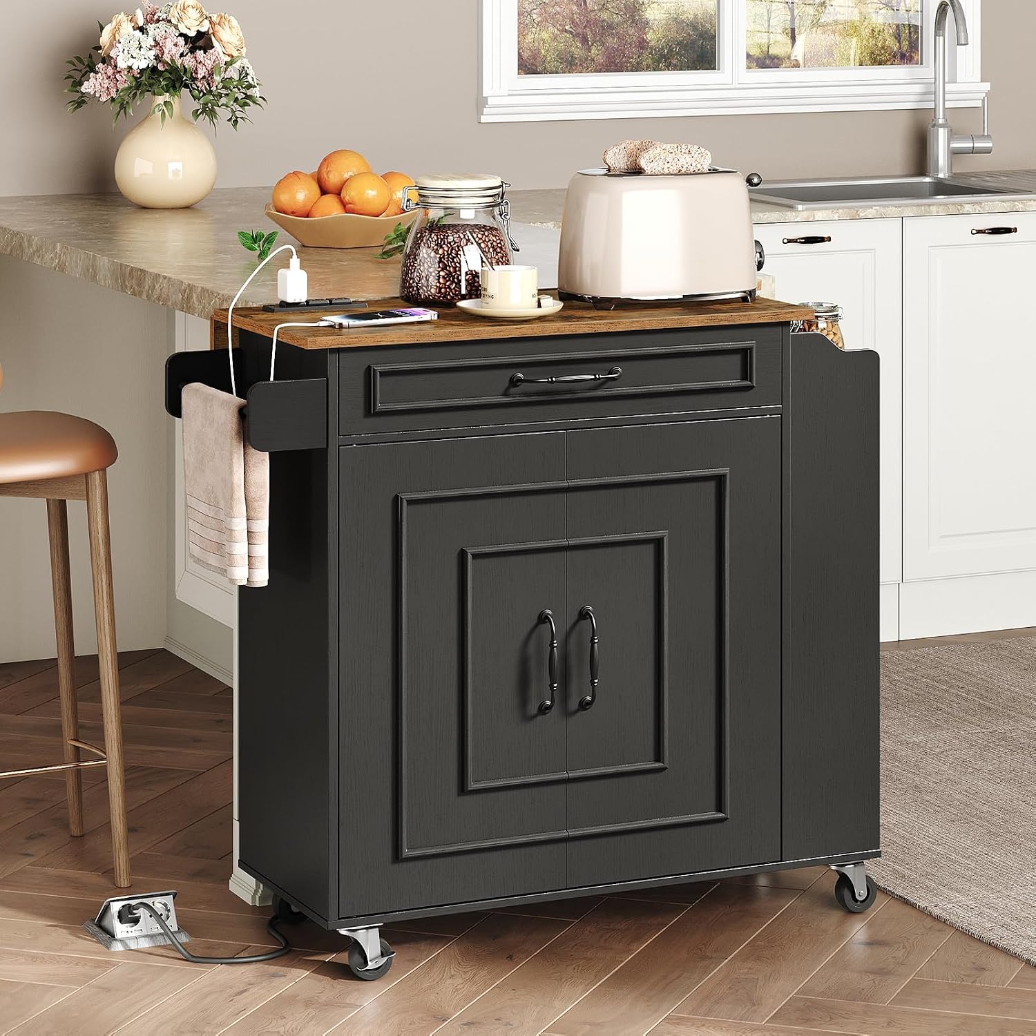 RALGEND Kitchen Island with Power Outlets & Drop Leaf, Rolling Kitchen Cart on Wheels, Kitchen Storage Island with Spice Rack and Drawer for Kitchen, Dinning Room, Black and Rustic Brown