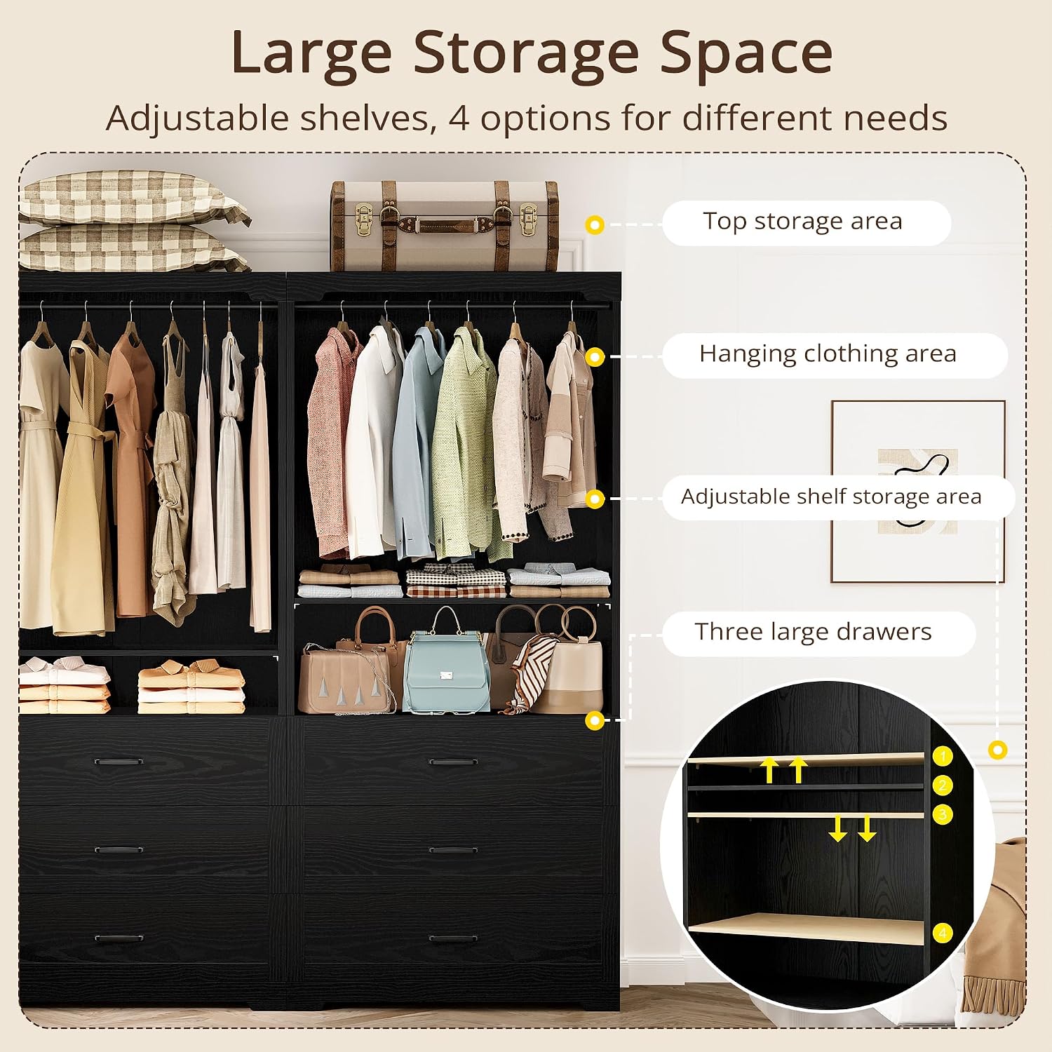 IRONCK Freestanding Closet System with Adjustable Shelves & 3 Drawers | Modern armoire wardrobe with adjustable shelves & hanging rod, walk-in closet organizer for small spaces, space-saving design