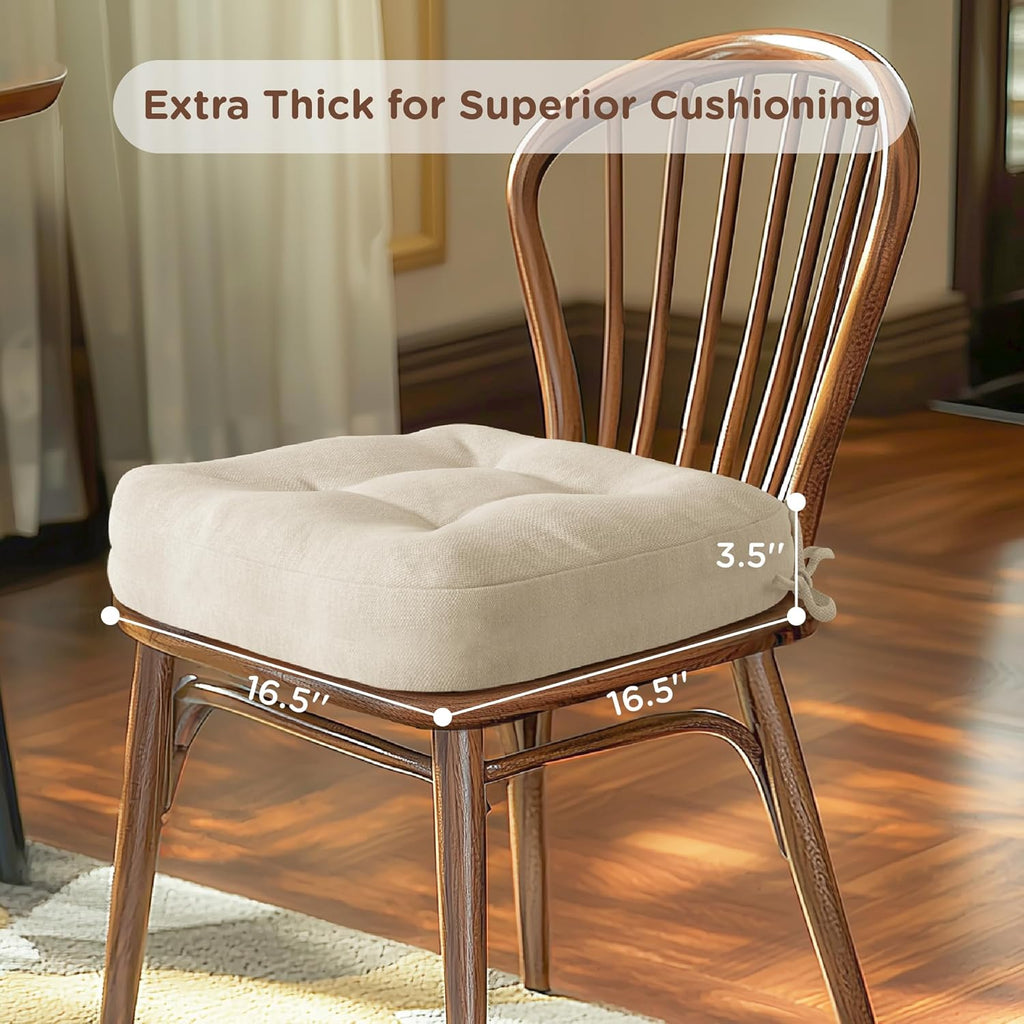 Codi Dining Chair Cushions 4 Pack, Thick Chairs Pads for Indoor Kitchen Room - Washable, Non-Slip Memory Foam Seat Cushion with Ties, 16.5"x16.5"x 3.5", Set of 4, Beige New
