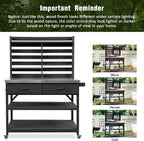 Merax 64.9" H Outdoor Potting Bench Table with Lockable Wheels, Solid Wood Outdoor Kitchen Island with Upper Hutch, Stainless Steel Top, Towel Rack, Outdoor Storage for Grilling, Lawn Garden, Black