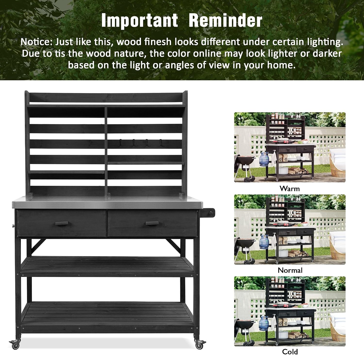 Merax 64.9" H Outdoor Potting Bench Table with Lockable Wheels, Solid Wood Outdoor Kitchen Island with Upper Hutch, Stainless Steel Top, Towel Rack, Outdoor Storage for Grilling, Lawn Garden, Black