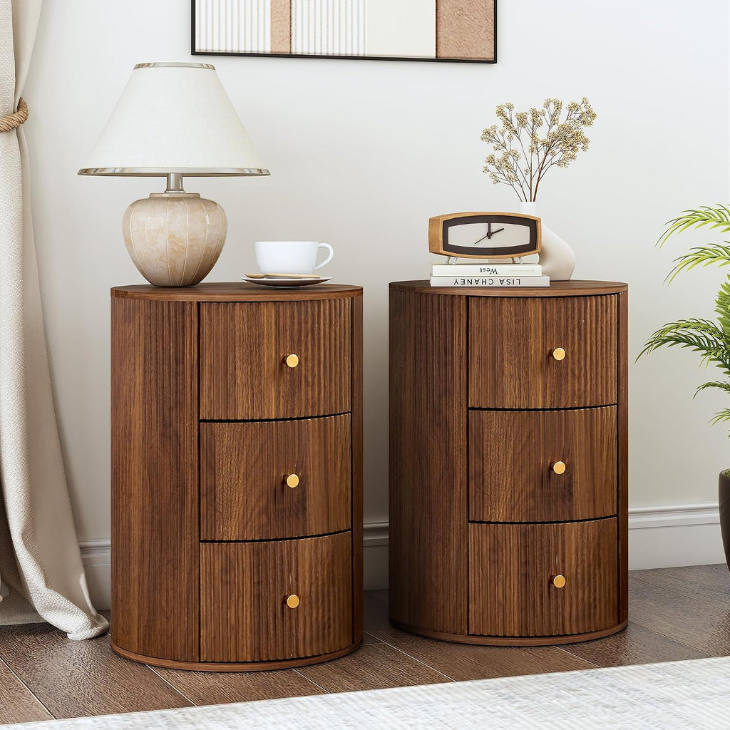 FurSch Fully Assembled Round End Table with 3 Storage Drawers, 15.75”Mid Century Side Table for Living Room, 3 Drawers Nightstand for Bedroom, Circle Sofa Bedside Table (Walnut-Round, 1 PC)