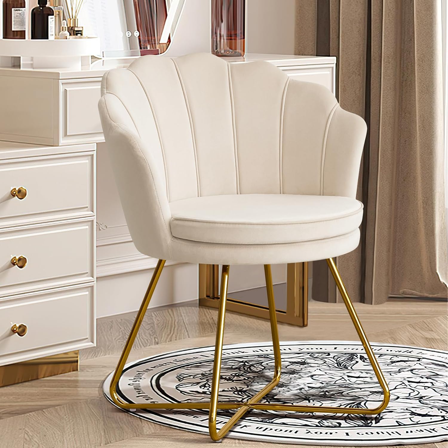 Furnimart Accent Chairs Set of 2 for Living Room, Shell Vanity Chair with Back, Criss Cross Chair with Gold Legs, Side Chair for Bedroom, Makeup Room, Desk Chair no Wheels, Velvet Khaki 2PCS