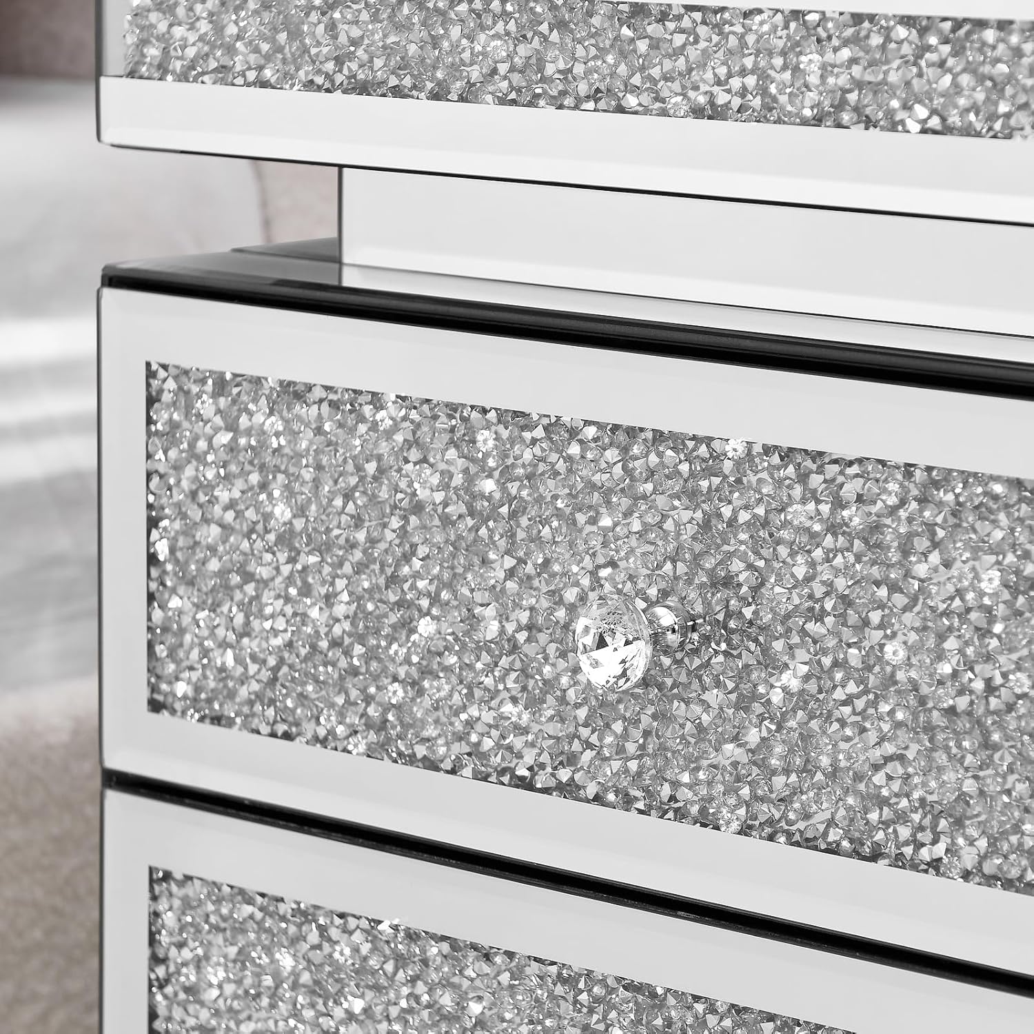 Modern Glam Glass Mirror Nightstand, Silver Bedside Table with Sparkling Crushed Diamond, 3-Drawer Luxury Mirrored Accent Table for Living Room, Bedroom, Fully Assembled