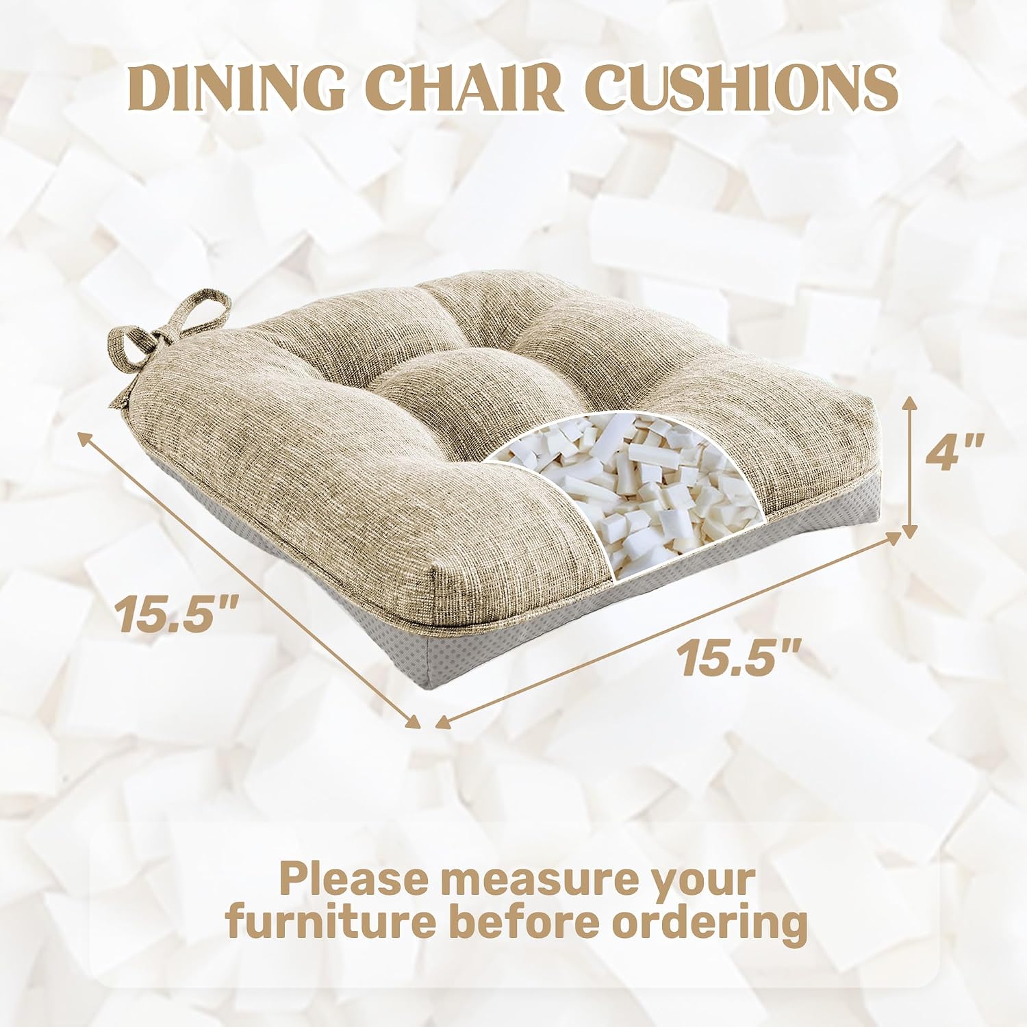 puredown® Chair Cushions for Dining Chairs, Tufted Memory Foam Chair Pads with Non-Slip Backing, Kitchen Seat Cushions with Ties, Washable Seat Pad Set of 4, 15.5" x 15.5" x 4", Khaki