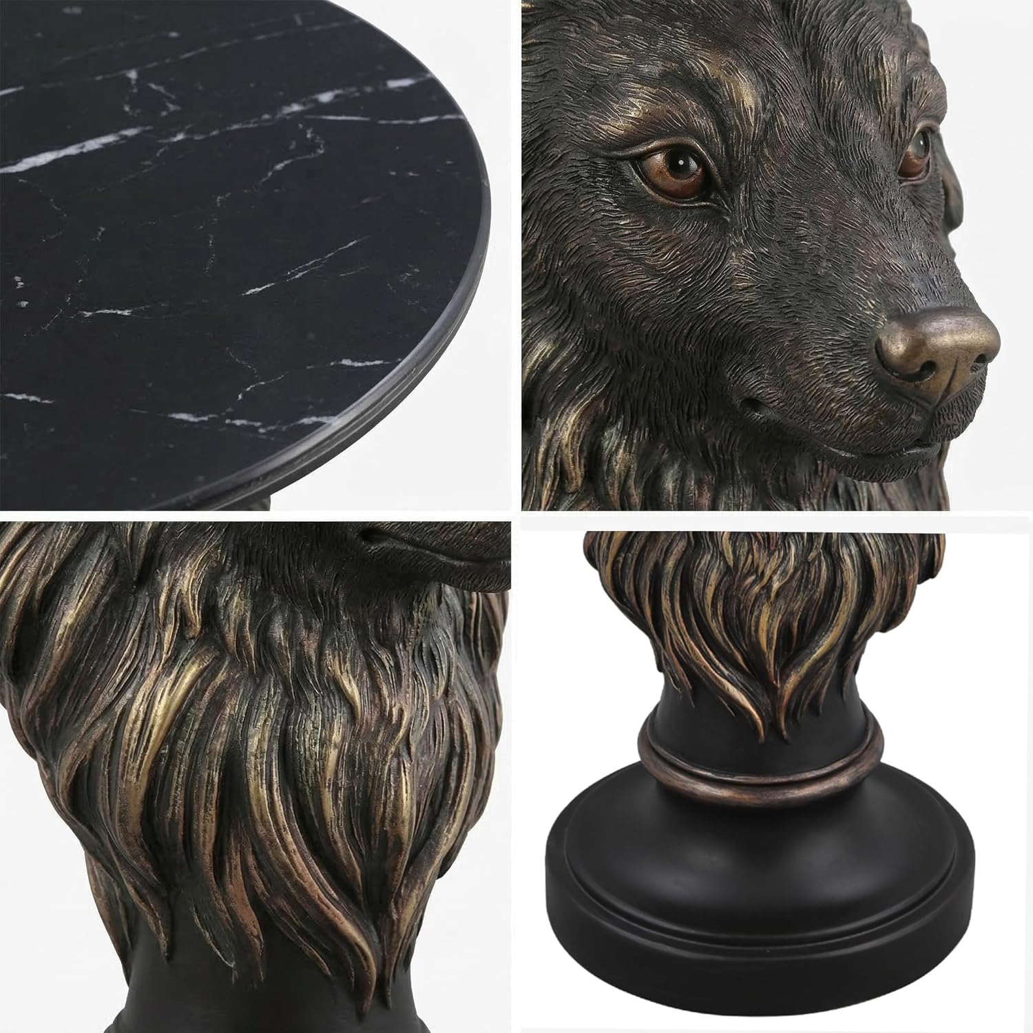 Wolf Head Side Table - 25" Tall Unique Animal Resin End Table with Marble Top, Gothic Antique Accent Furniture for Living Room & Bedroom, Majestic Wolf Statue Nightstand, Rustic Cabin Decor, Bronze
