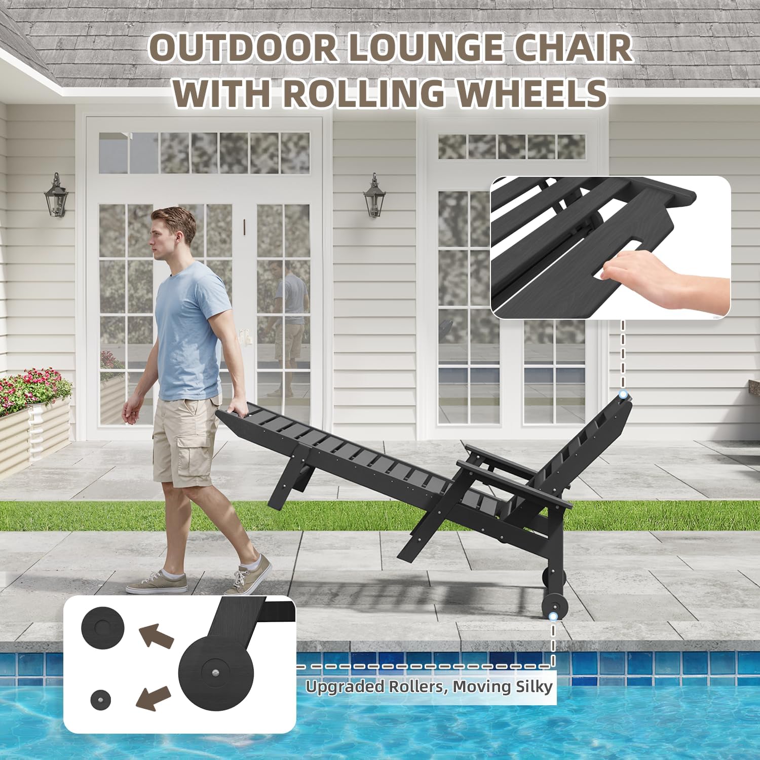 Mdeam 6-Position Pool Outdoor Lounge Chairs Set of 2, 22" W Oversized Adjustable Chaise Lounger 500LBS Capacity, HDPE Furniture Tanning Chair with Wheels & Cup Holder for Outside Patio Deck, Dark Grey