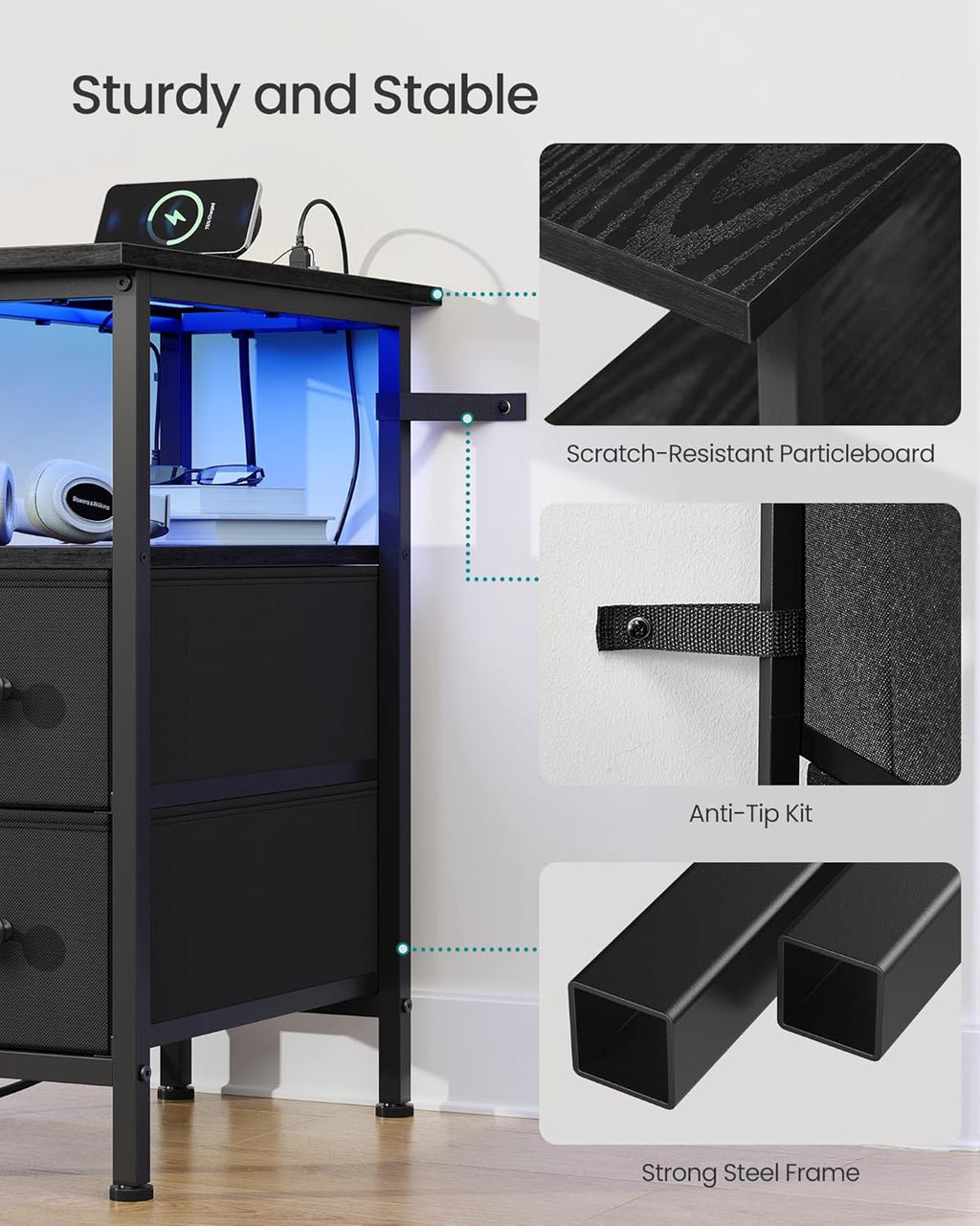 SONGMICS Side Table, Nightstand with Charging Station, End Table with LED Lighting, 2 Drawers, for Living Room, Bedroom, Ink Black, BELLAH Collection ULGS002B101