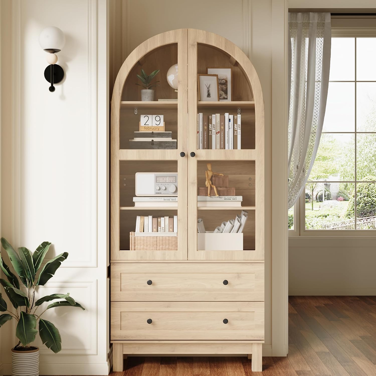 Furnify 71" Tall Arched Kitchen Pantry, Wood Pantry Cabinet with 2 Large Drawers and Glass Doors, Modern Farmhouse Versatile Cupboard for Kitchen, Dining Room, Living Room, Natrual