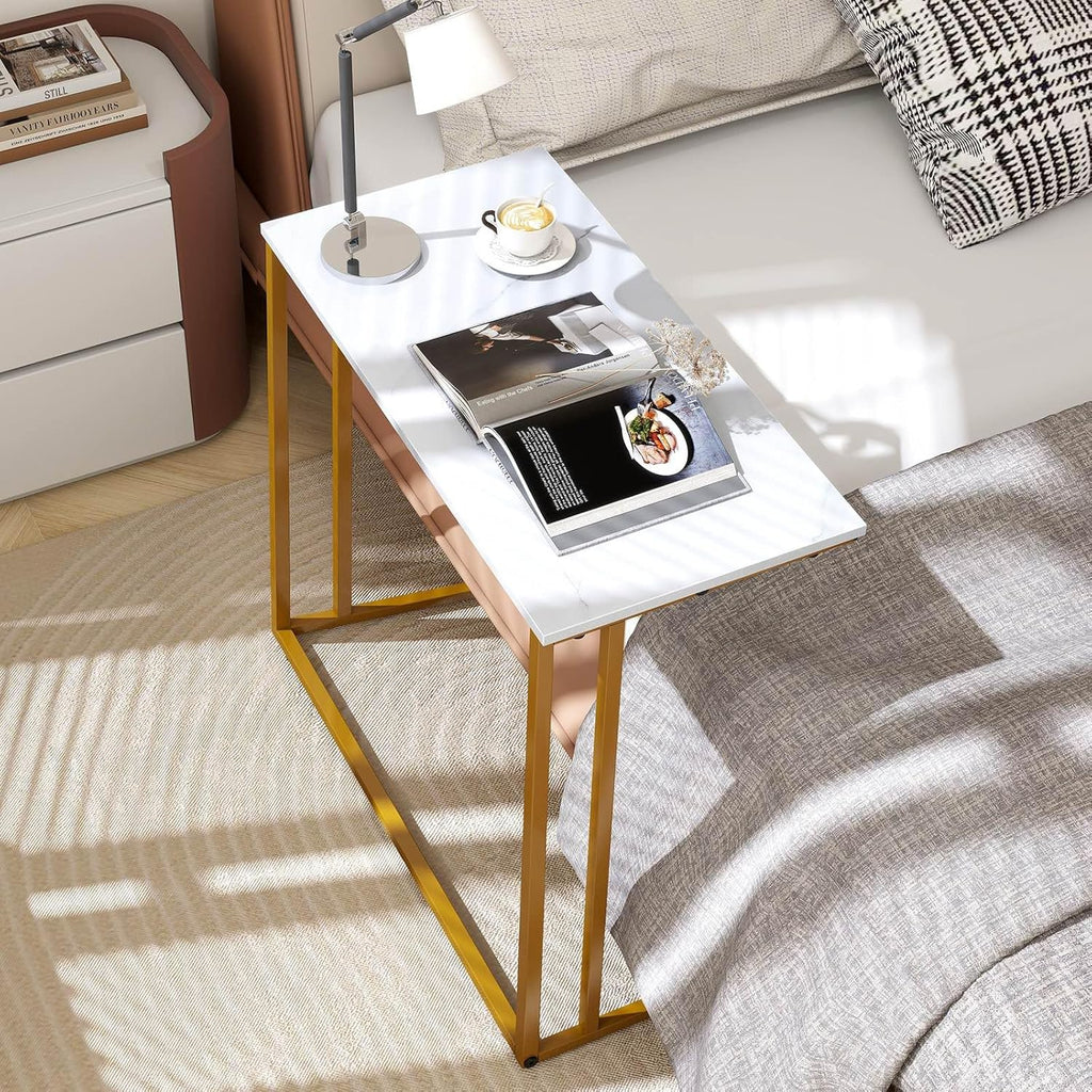 C-Shaped Side Table, Modern End Table with Metal Frame, Space Saving Design for Living Room，Large Surface Couch Table for Bedroom, and Home Office，24 x 12 x 24 inches (Marble White)