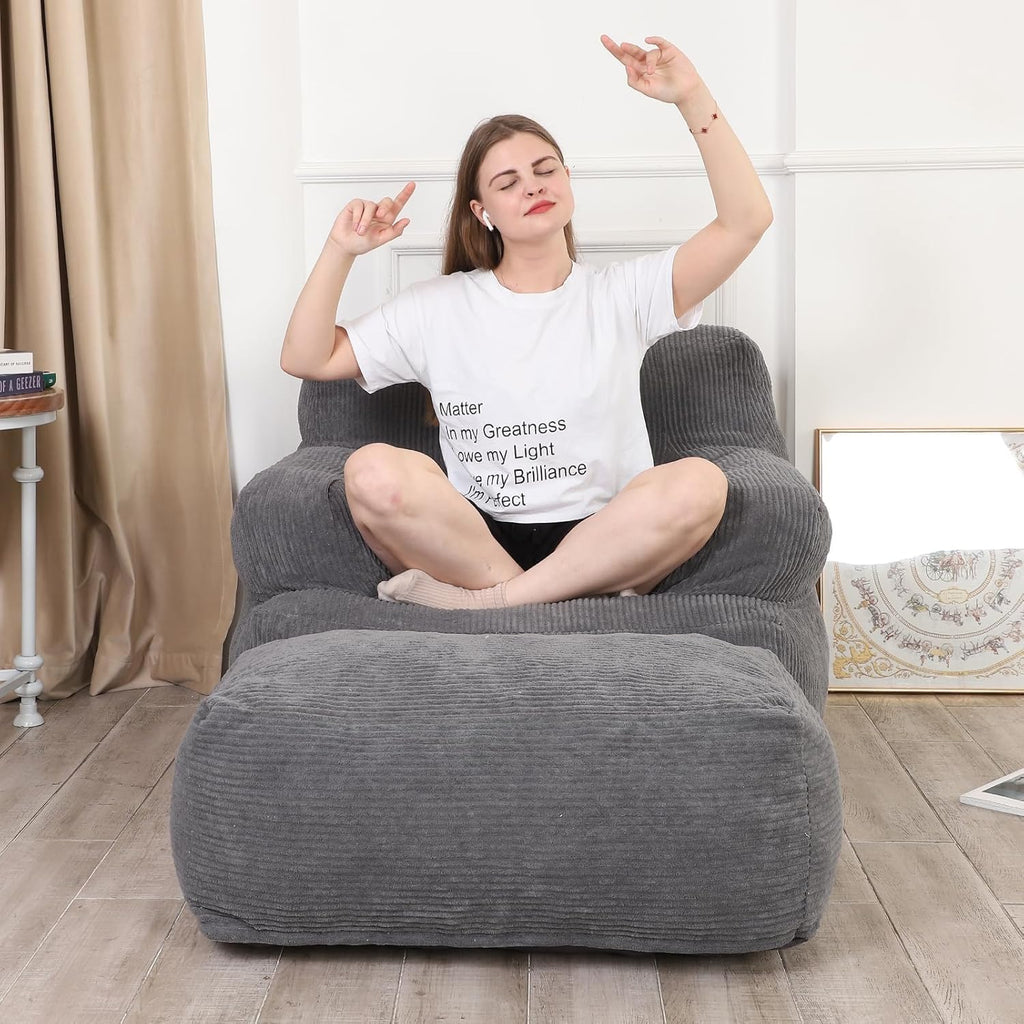 LOVMOC Bean Bag Sofa Chair with Ottoman, Comfy Floor Couch, Oversized Reading Chair for Bedroom, Dorm Room, Living Room, Darkgrey