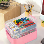 Gifhomfix 3-Layer Plastic Craft Organizers and Storage Box with Removable Trays, Storage Containers with lids and Handle, Art Supply Storage Organizer for Bead, Ornament, Nail Polish, Tape（Pink）
