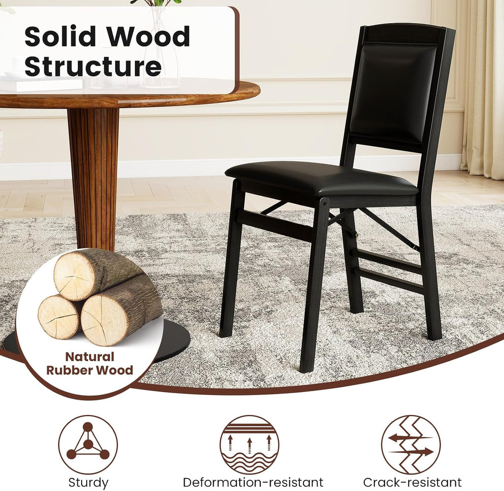 COSTWAY Folding Dining Chairs Set of 2, Wooden Kitchen Side Chairs w/Padded Seat, Solid Wood Frame, 400 LBS Load Bearing, No Assembly Needed, Vintage Foldable Chairs for Dining Living Room, Black