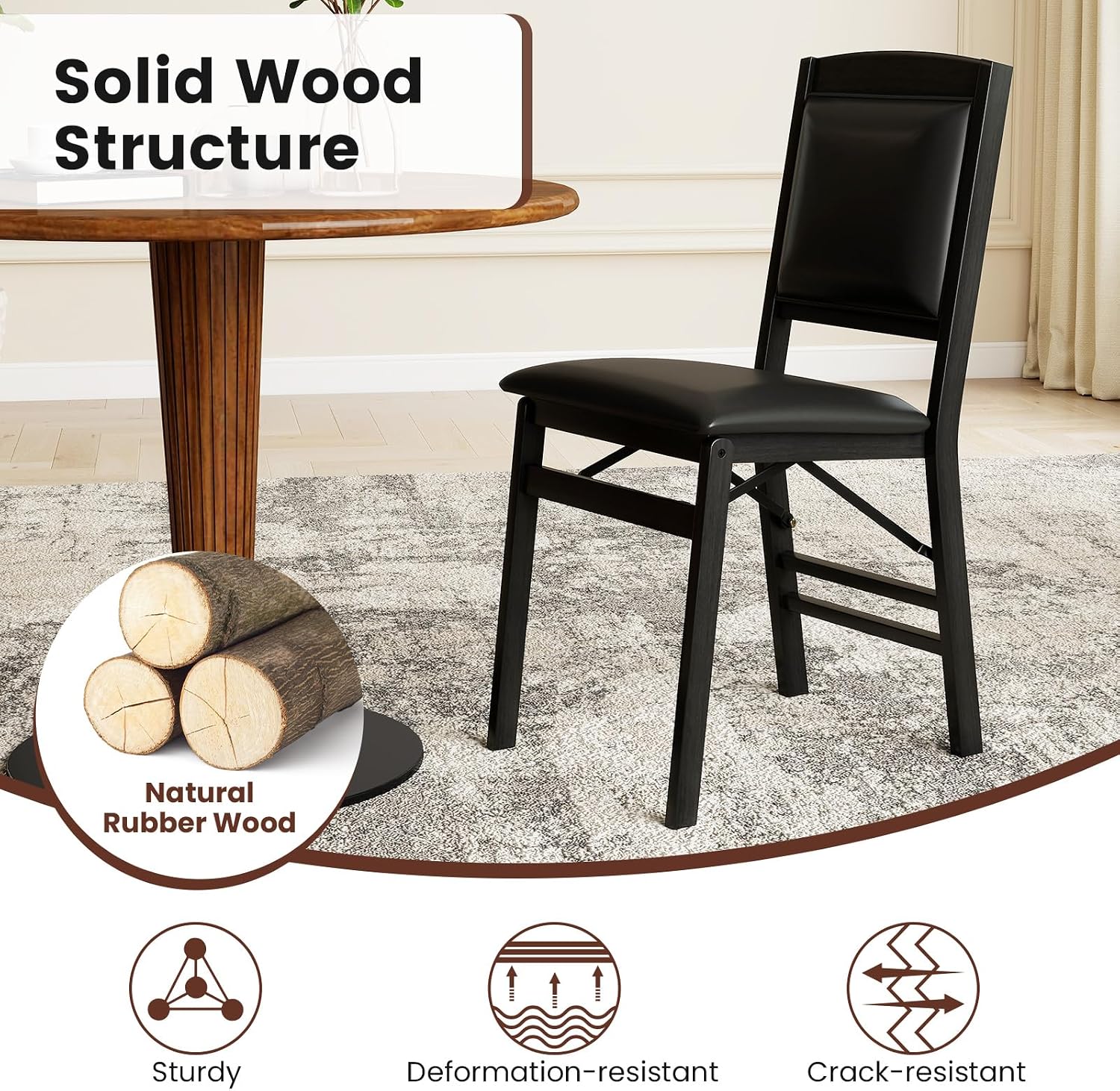 COSTWAY Folding Dining Chairs Set of 2, Wooden Kitchen Side Chairs w/Padded Seat, Solid Wood Frame, 400 LBS Load Bearing, No Assembly Needed, Vintage Foldable Chairs for Dining Living Room, Black