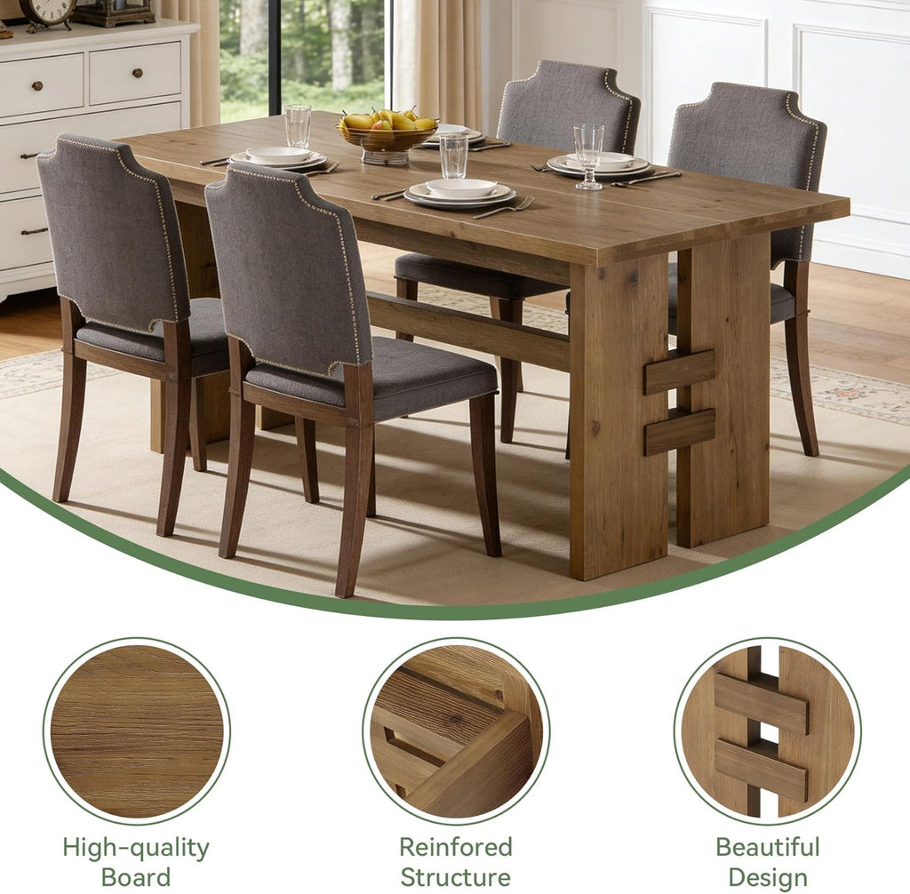 63-Inch Dining Table for 4-6, Solid Wood Kitchen Table with Large Tabletop and Heavy Duty Legs, Rectangular Farmhouse Eating Tables for Dining Room, Living Room, Rustic Brown
