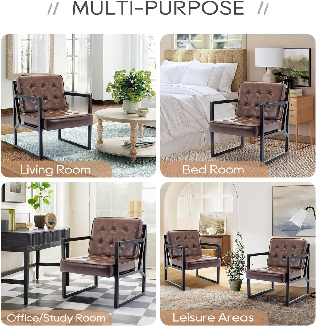 MALOL Mid Century Modern Accent Chair Set of 2, Comfy Living Room Chair, Brown Leather Accent Chair, Faux Leather Reception Armchair with Metal Legs for Living Room Bedroom Reception Office, Brown