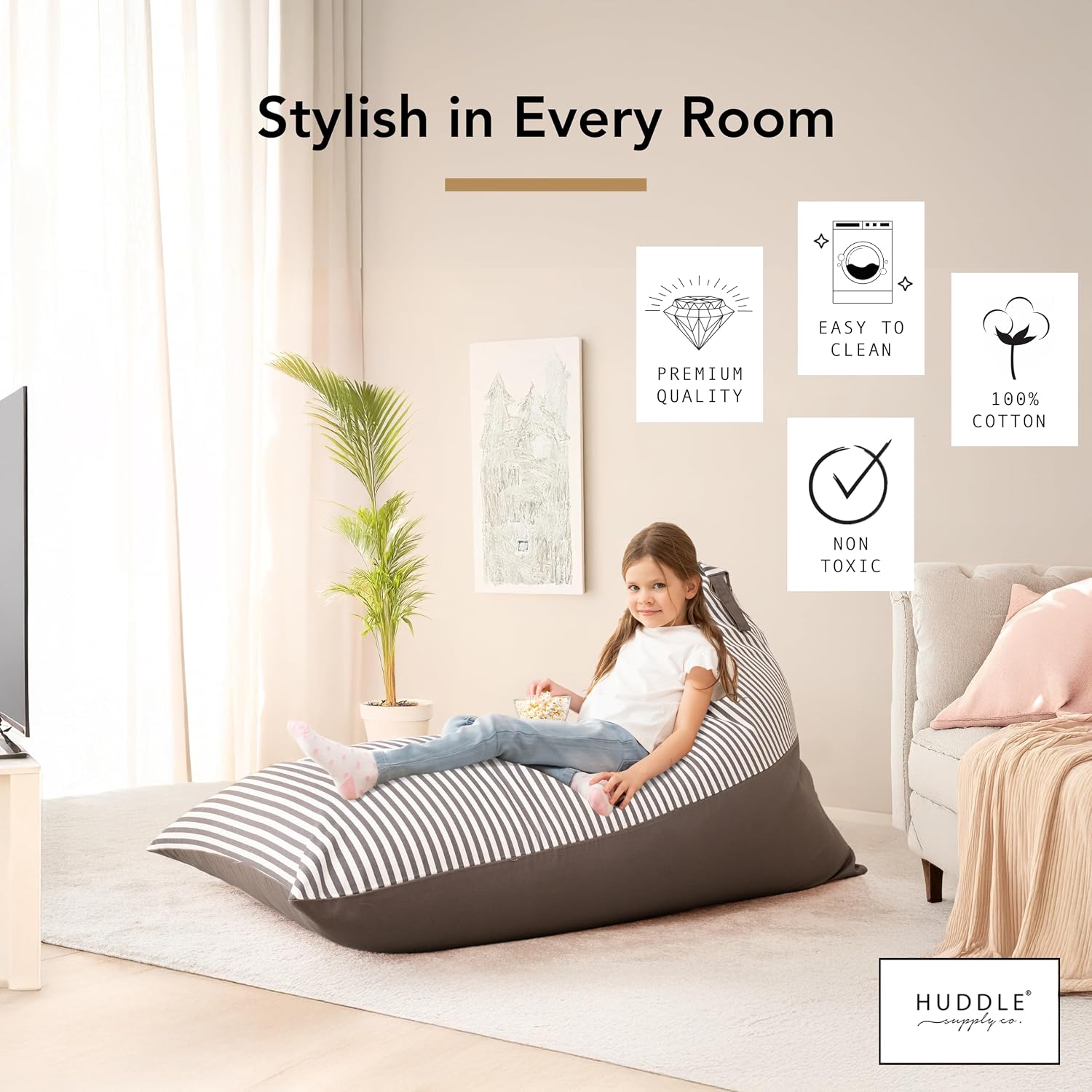 Huddle Original Stuffed Animal Storage Chair Washable Bean Bag Cover (No Filler) for the Perfect Kids Bean Bag Chair. XL Bean Bag Stuffed Animal Storage Bags | Store 100+ Toys 100% Cotton Canvas Grey
