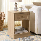 SAFAVIEH Home Collection – Shafa 1-Drawer 1-Shelf Side Table, Natural Finish with Brass Metal Accents, Storage Accent Table for Living Room or Office (ACC3100B)
