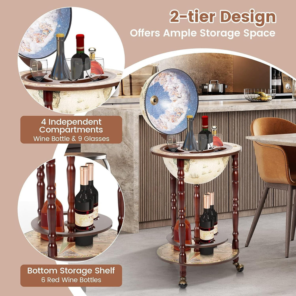 CHEFJOY Globe Bar, Wood Globe Wine Bar Stand, 16th Century Italian Rack Liquor Bottle Shelf, Replica Globe Bar Liquor Cabinet w/Wheels, Globe Bar Cart for Wine Spirits Beverage Stemware(Creamy White)
