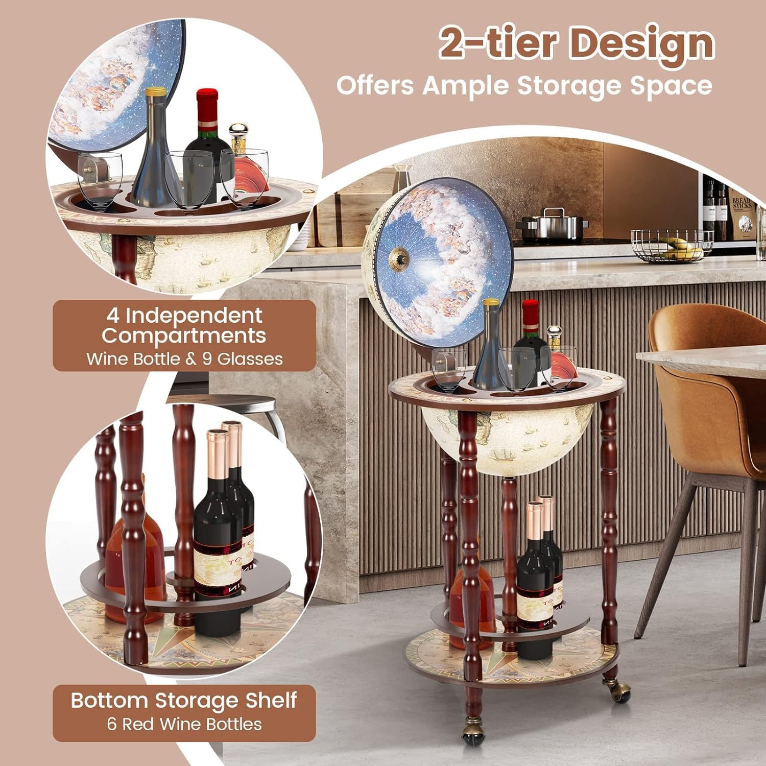 CHEFJOY Globe Bar, Wood Globe Wine Bar Stand, 16th Century Italian Rack Liquor Bottle Shelf, Replica Globe Bar Liquor Cabinet w/Wheels, Globe Bar Cart for Wine Spirits Beverage Stemware(Creamy White)