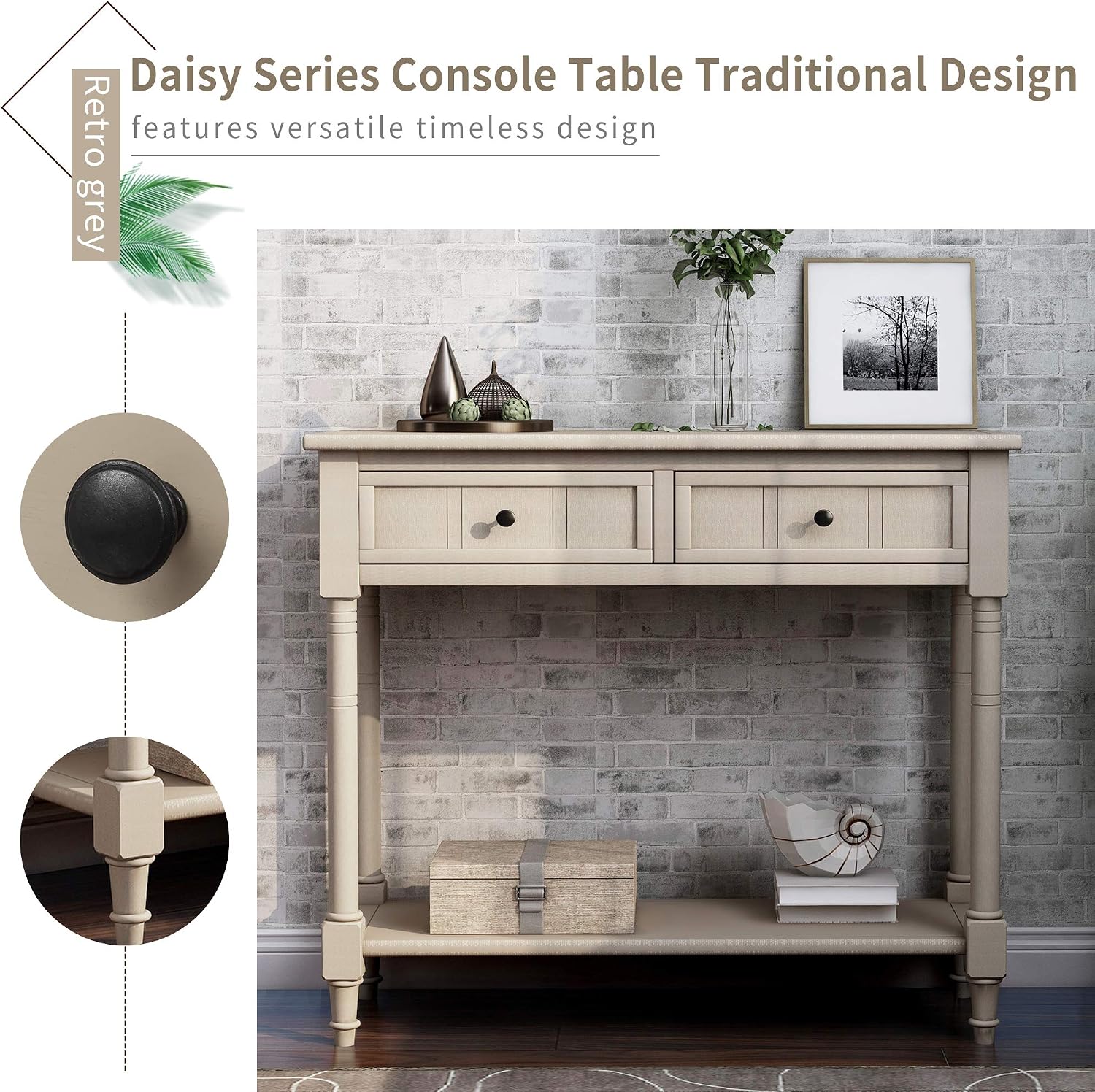GDFStudio Daisy Series Console Table, Retro Grey Solid Pine Wood Frame with Two Storage Drawers and Bottom Shelf, Traditional Vintage Accent Furniture for Entryway, Living Room, or Dining Room