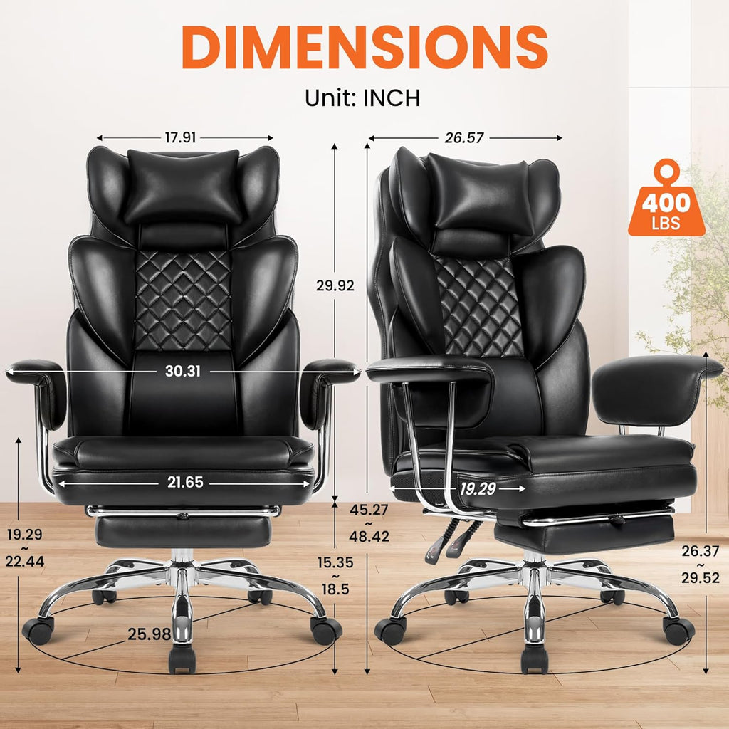 NEO Chair Big and Tall Offie Chair Gaming Computer Chair High Back Heavy Duty Desk Chai with Lumbar Support Adjustable Recliner Footrest Wide Seat Leather Executive Home with Wheels (Leather Black)