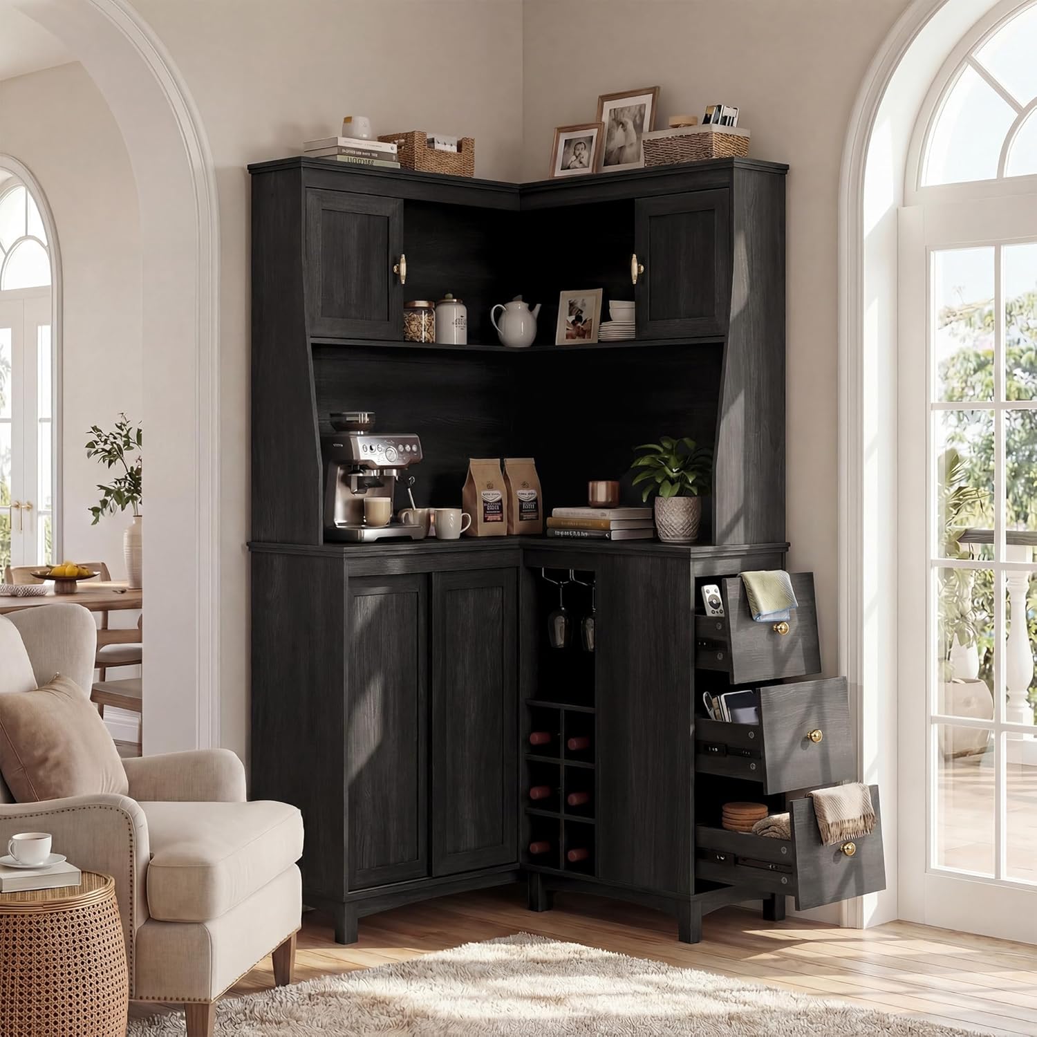 STO’Sense 71" Tall Corner Cabinet w/Charging Station,L-Shaped Kitchen Pantry Storage Cabinet w/3 Drawers,Countertop,Wine Rack,Shelves,Glass Holder&Sliding Door, Large Microwave Stand Hutch, Black Oak