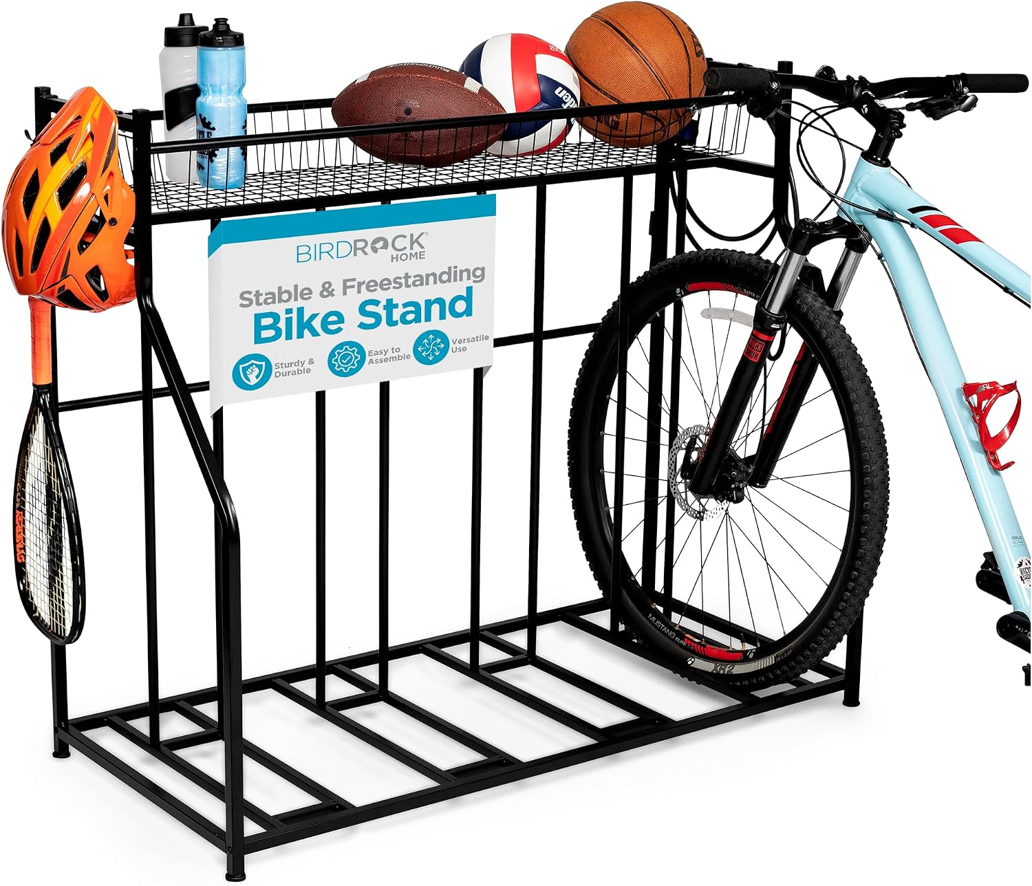 BIRDROCK HOME Bike Rack Garage Storage Floor Stand - Freestanding Organizer for Outdoor Yard - Upright Wall Mount for Scooters, Rakes, Motorcycles, Hoverboards, Gloves - Holds 4 Bicycle - Black