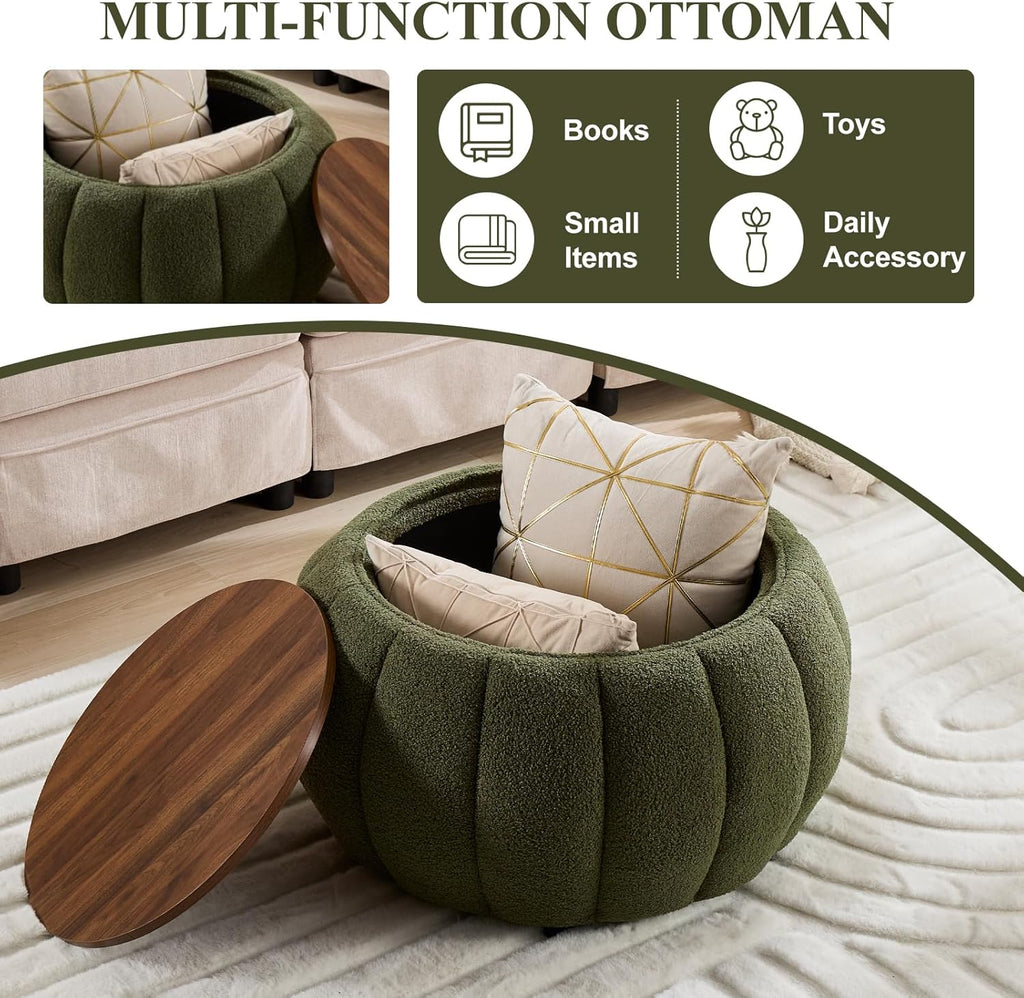 YDcosyfy 30 Inches Round Ottoman Coffee Table with Storage, Upholstered Ottoman in Boucle Teddy Fabric, Wooden Top with Tray, Soft Pumpkin Shape Design,for Living Room, Bedroom, Lounge, Green