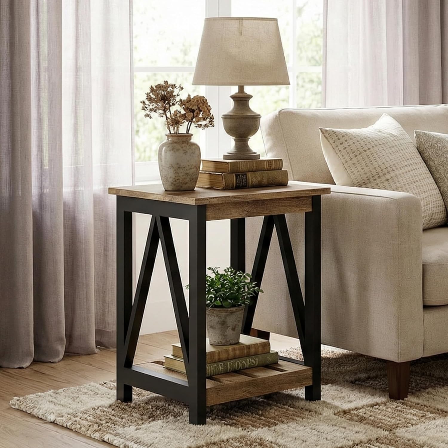 ChooChoo Farmhouse End Table, Rustic Vintage End Side Table with Storage Shelf for Small Spaces, Nightstand Sofa Table for Living Room, Bedroom,Rustic Oak & Black 2 Pack