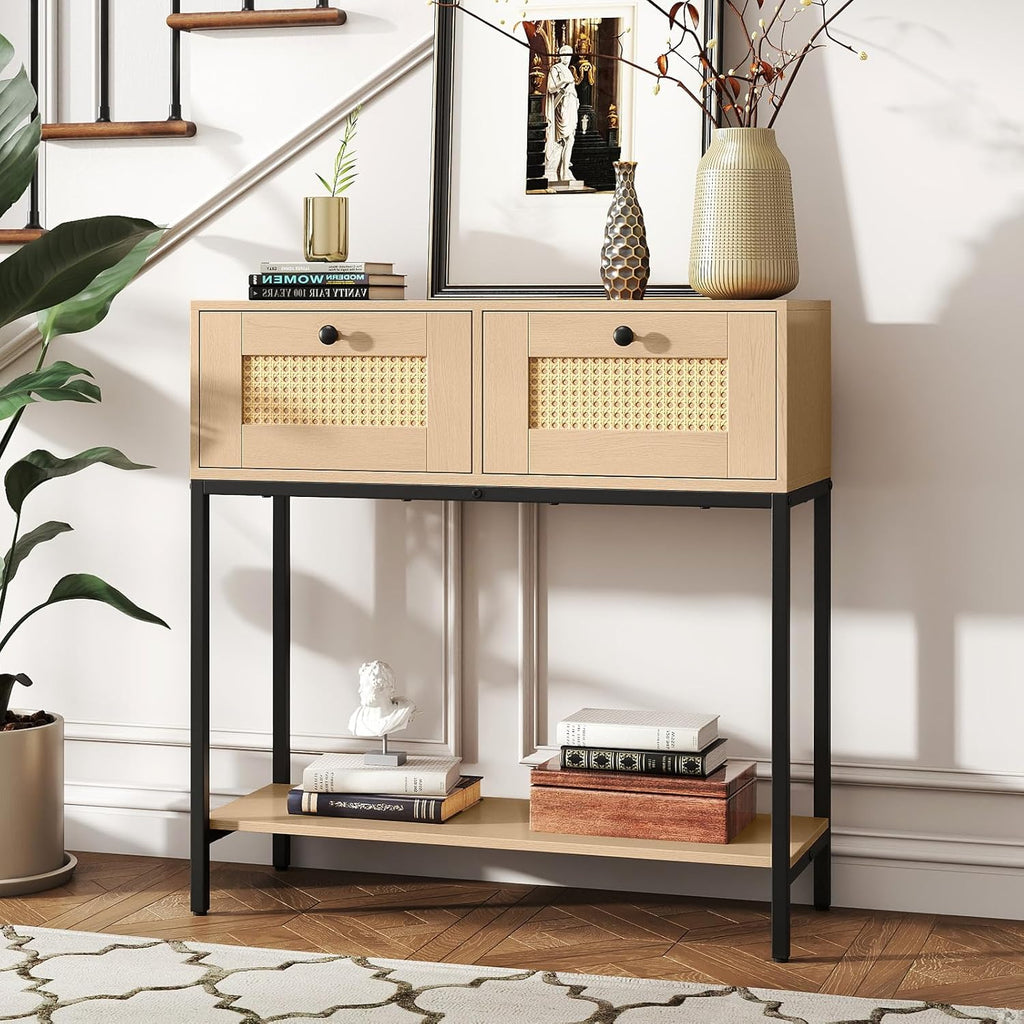 GOFLAME Rattan Console Table, Boho Entryway Table with 2 Drawers & Open Storage Shelf, Narrow Long Sofa Table with Metal Legs, Foyer Table Behind Couch Table for Living Room, Hallway, Natural