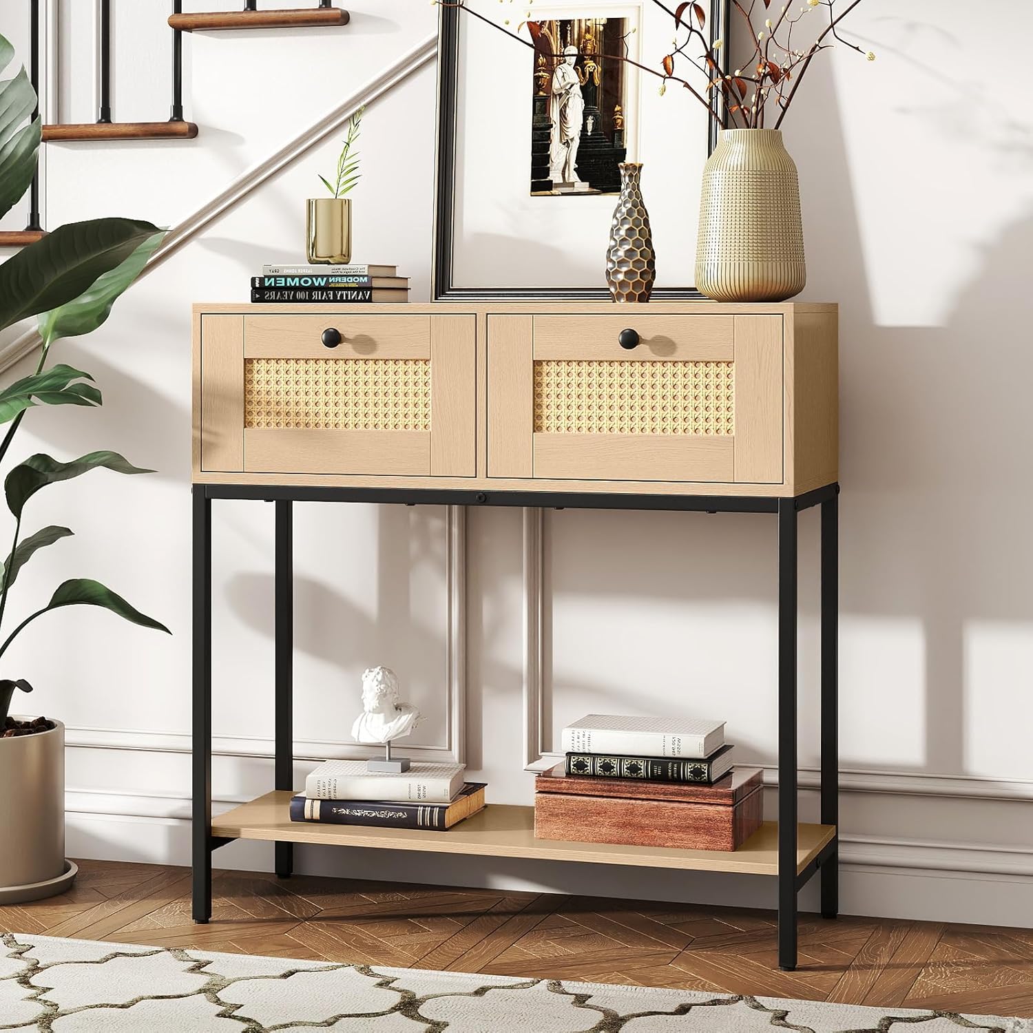 GOFLAME Rattan Console Table, Boho Entryway Table with 2 Drawers & Open Storage Shelf, Narrow Long Sofa Table with Metal Legs, Foyer Table Behind Couch Table for Living Room, Hallway, Natural
