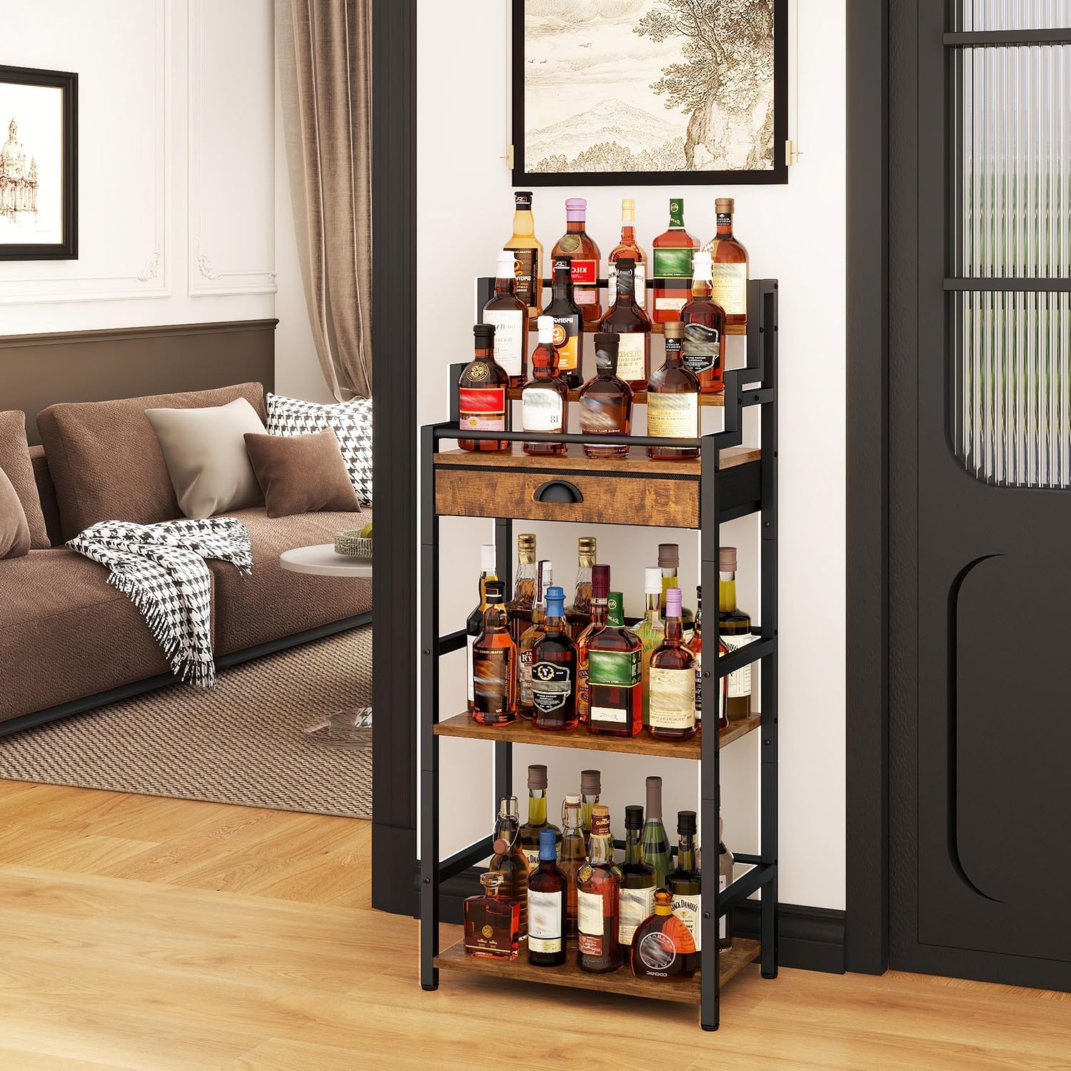 IBUYKE Stepped Wine Rack Freestanding Floor,Bar Cabinet,Brown TMJ915H | Wine Bottle Display Liquor Bottle Holder with Drawer for Whiskey for Home Living Room Dining