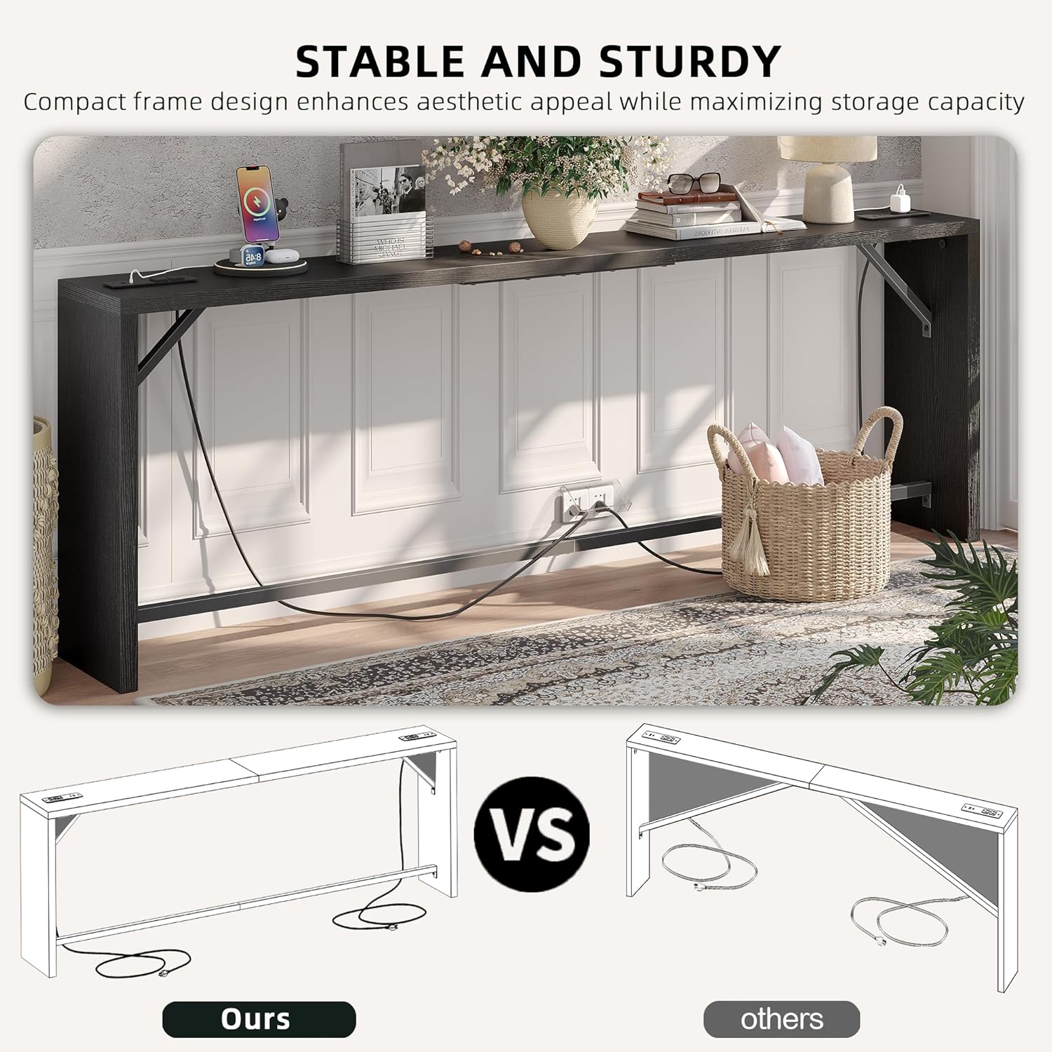 TIQLAB Sofa Table, 79''L x 9.1''W (1.2'' Thickness) Long Console Table Behind Couch, Entryway Table with Angled Metal Frame, Industrial Console Table, Black
