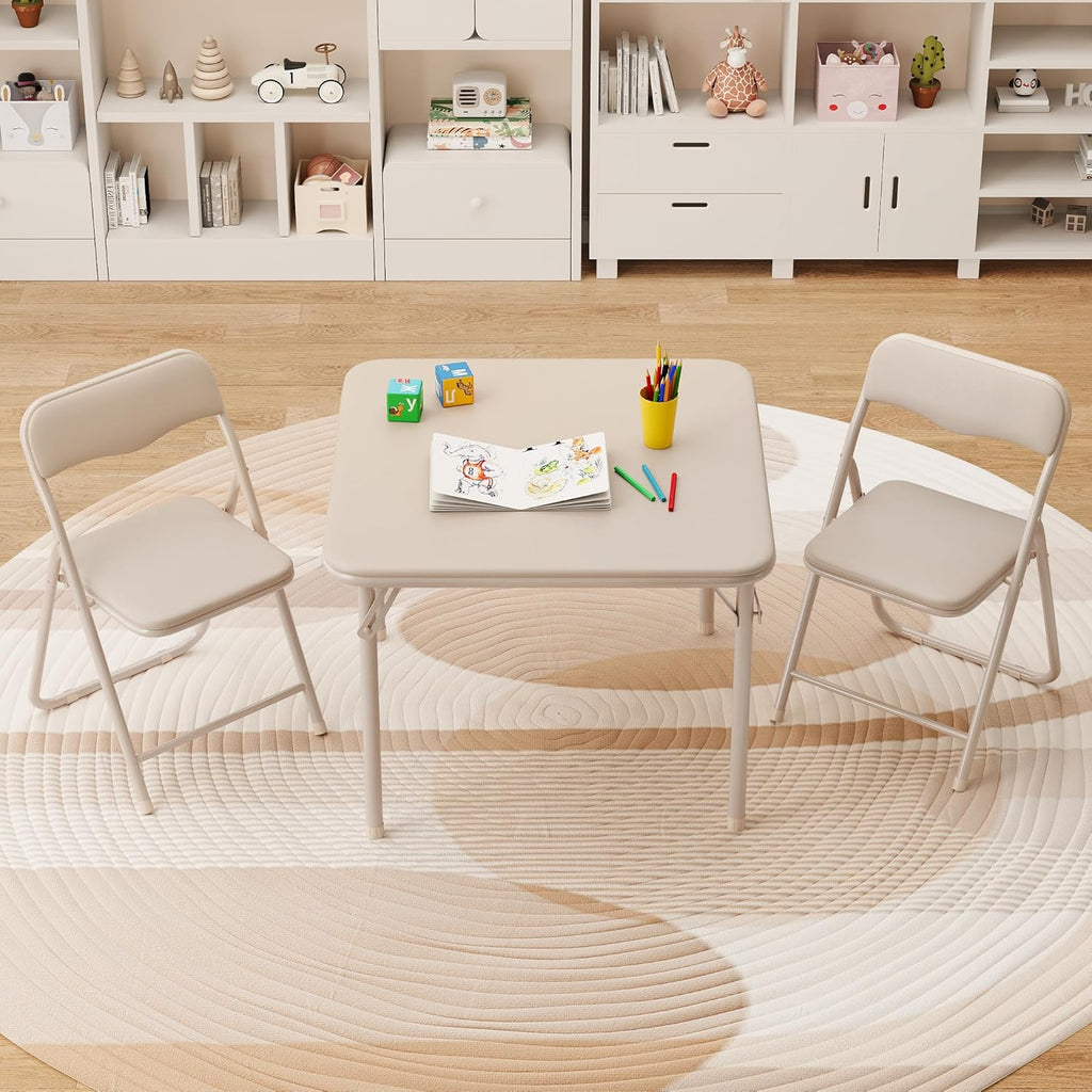 Garvee 3-Piece Kids Folding Table and Chair Set, Padded Toddler Activity Table with 2 Chairs, Easy-Fold Pinch-Free Design, Portable Children's Furniture for Arts, Crafts, Snacks, No Assembly Required