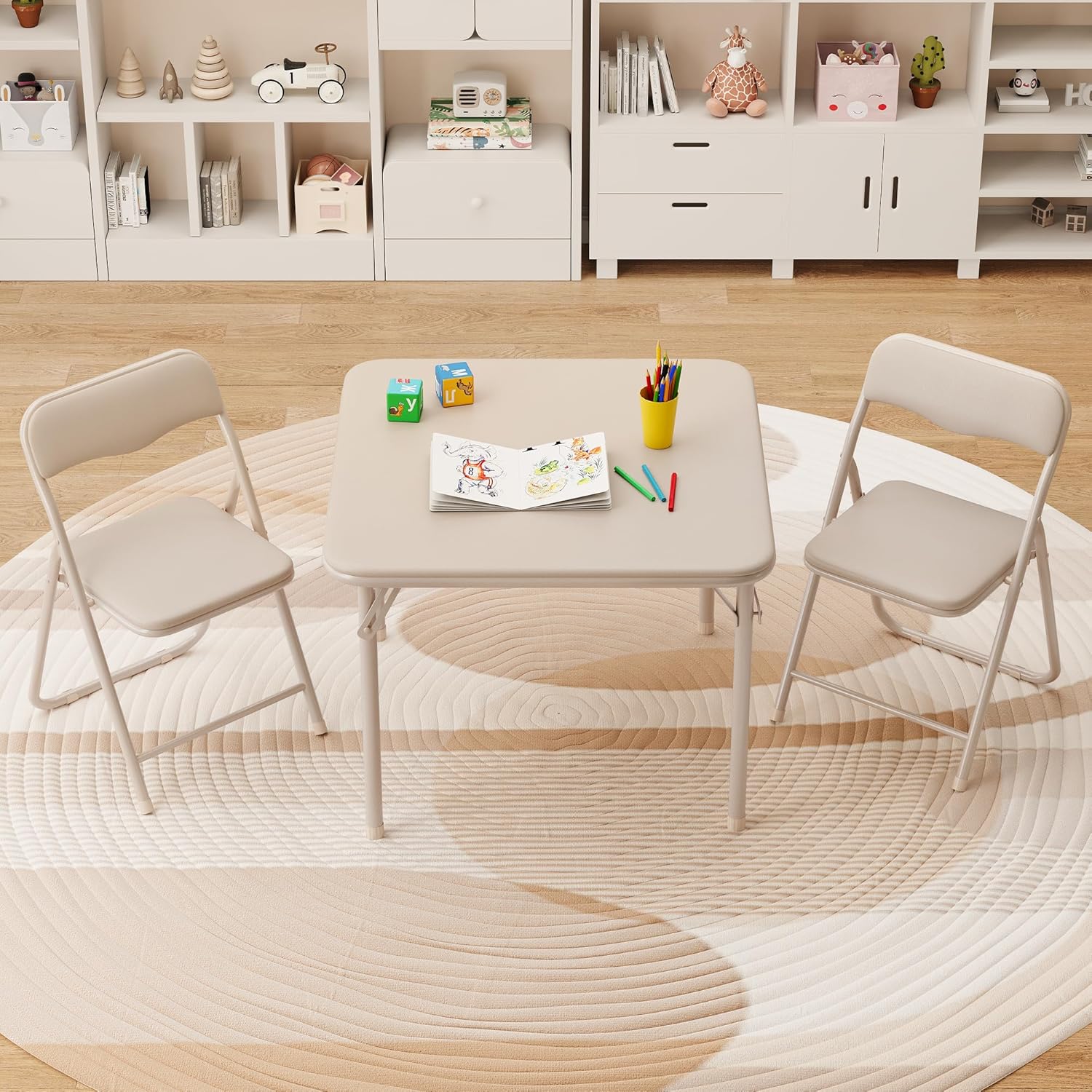 Garvee 3-Piece Kids Folding Table and Chair Set, Padded Toddler Activity Table with 2 Chairs, Easy-Fold Pinch-Free Design, Portable Children's Furniture for Arts, Crafts, Snacks, No Assembly Required