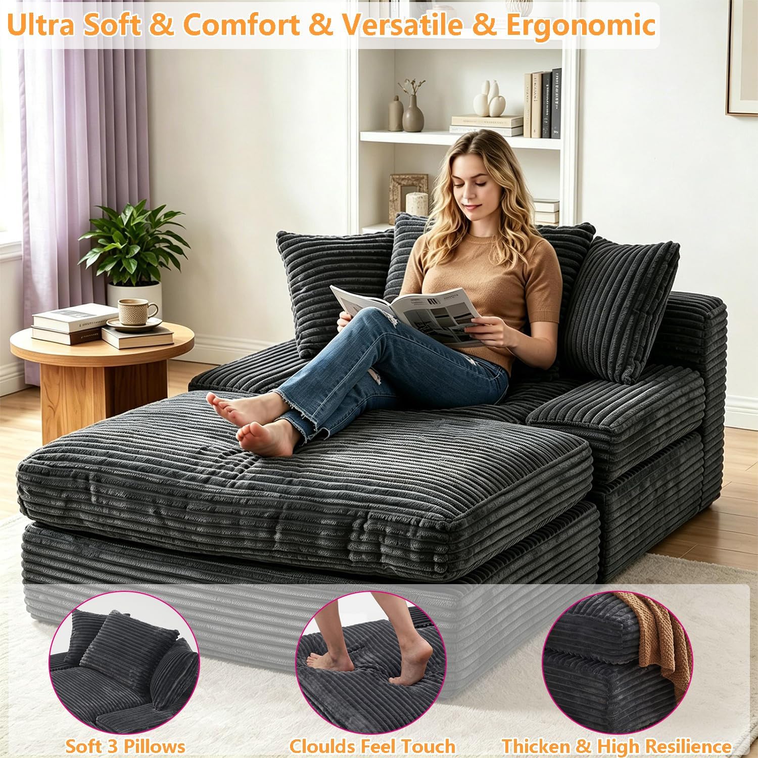 Vipbear Premium 69" Oversized Chaise Lounge Chair Indoor, Corduroy Cloud Boneless Sofa Bed Couch with Pillows&Wide Armrests for Living Room, Gray