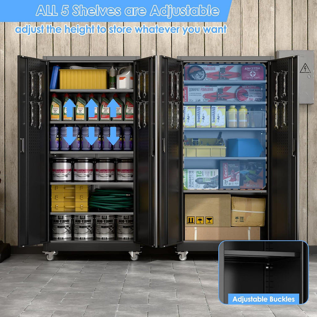 71" H×34" W×18" D Metal Garage Storage Cabinet with Wheels & Pegboard, Lockable Metal Storage Cabinets with 2 Doors&5 Adjustable Shelves for Garage&Home,Assembly Required,Black