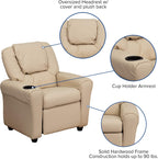 EMMA + OLIVER Beige Vinyl Kids Recliner with Cup Holder and Headrest