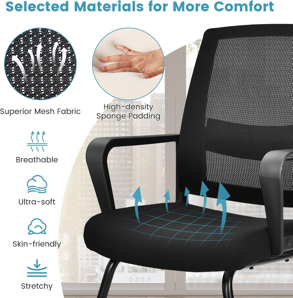 HAPPYGRILL Conference Chair Set of 2, Ergonomic Mid-Back Mesh Office Chair w/Adjustable Lumbar Support, Upholstered Seat & Metal Sled Base, Guest Reception Chairs for Home Office, Waiting Room