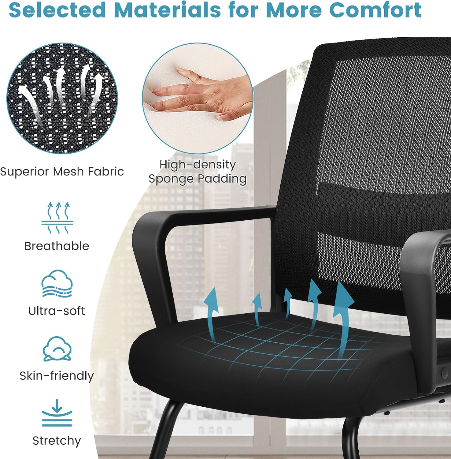 HAPPYGRILL Conference Chair Set of 2, Ergonomic Mid-Back Mesh Office Chair w/Adjustable Lumbar Support, Upholstered Seat & Metal Sled Base, Guest Reception Chairs for Home Office, Waiting Room