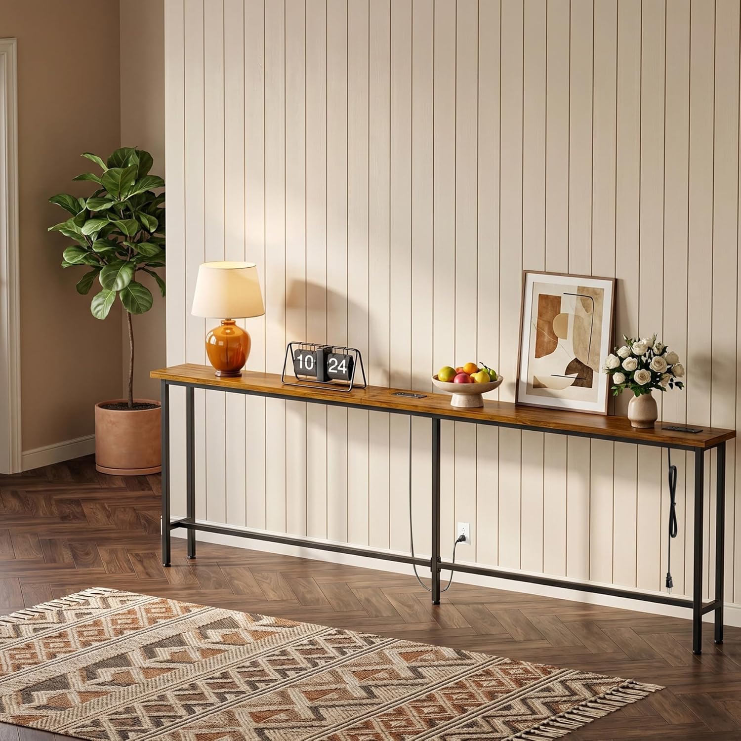 GRLEAF 102 Inch Narrow Sofa Table with Power Outlets, Extra Long Console Table Behind Couch Table with Charging Station, Skinny Entryway Table Thin Table for Living Room, Narrow Spaces (Rustic Brown)