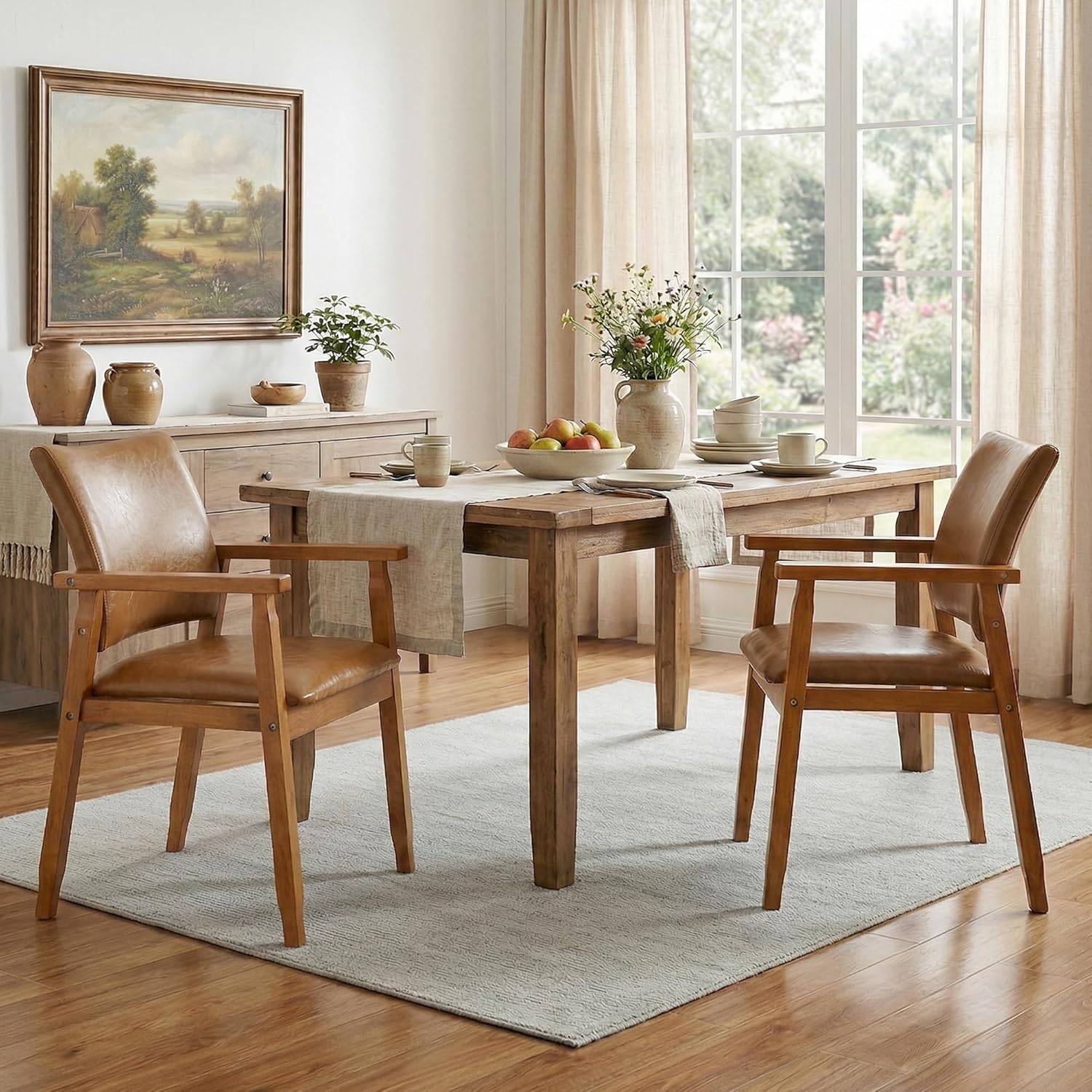 NOBPEINT Mid-Century Modern Dining Chairs with Armrest Set of 4, PU Leather Upholstered Dining Room Chairs with Solid Wood Frame, Walnut Kitchen Armchairs for Kitchen Living Room Restaurant, Brown