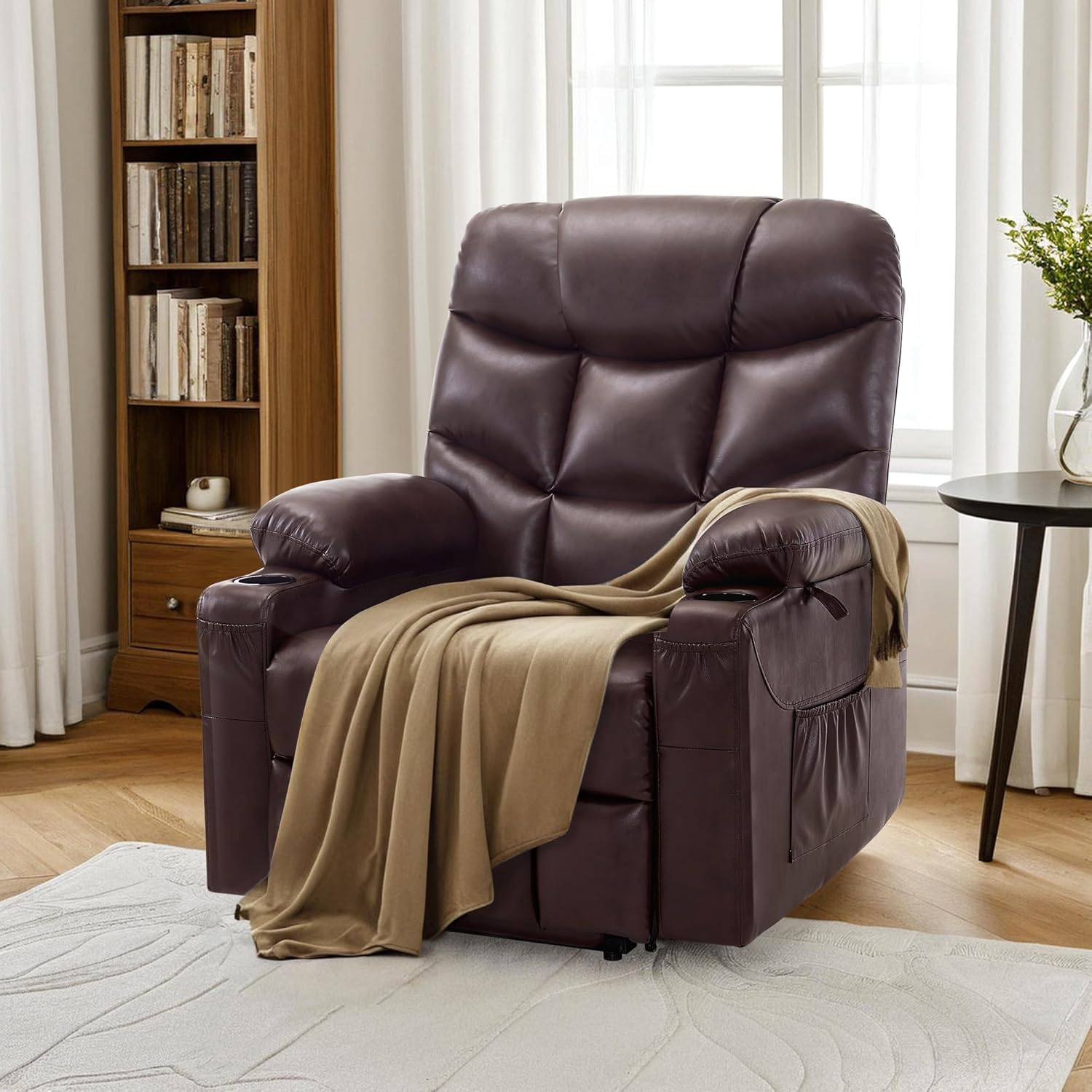 MCombo Power Lift Recliner Chair with Extended Footrest for Elderly People, for Mom, Faux Leather 7287 (Dark Brown, Medium)